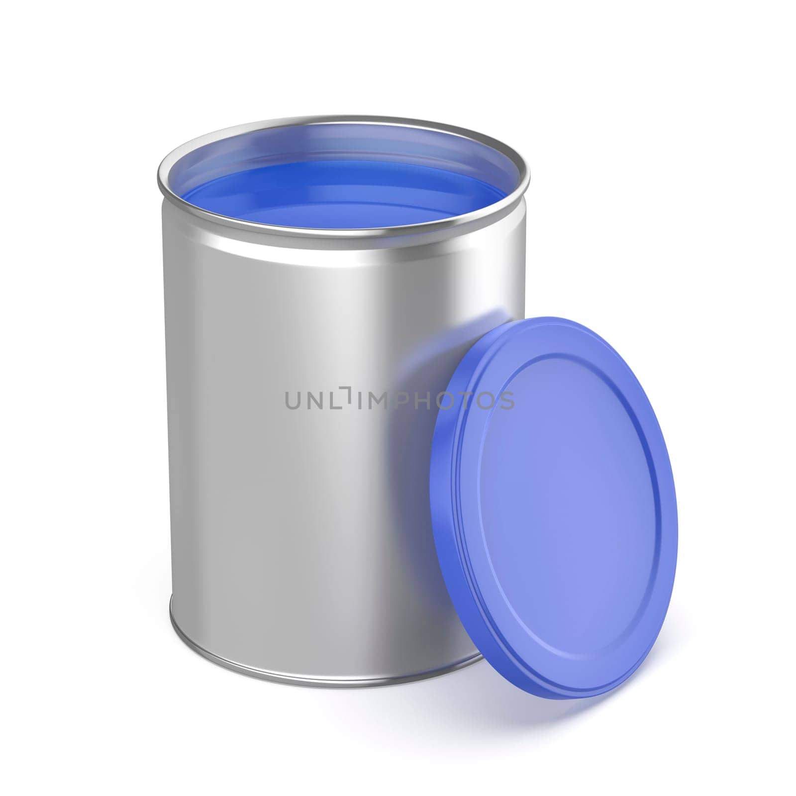 Canister with blue paint on white background
