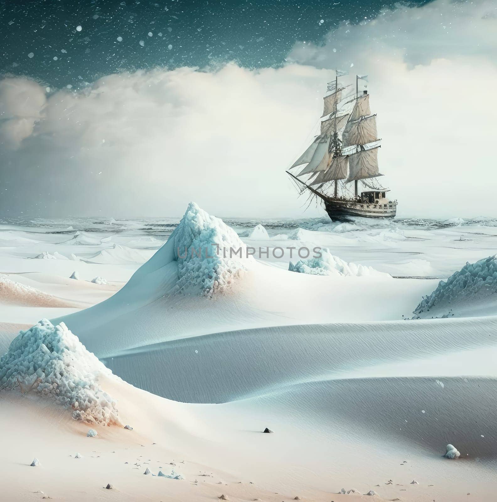 Sailing ship in the winter snowy sea. Generative AI drawing