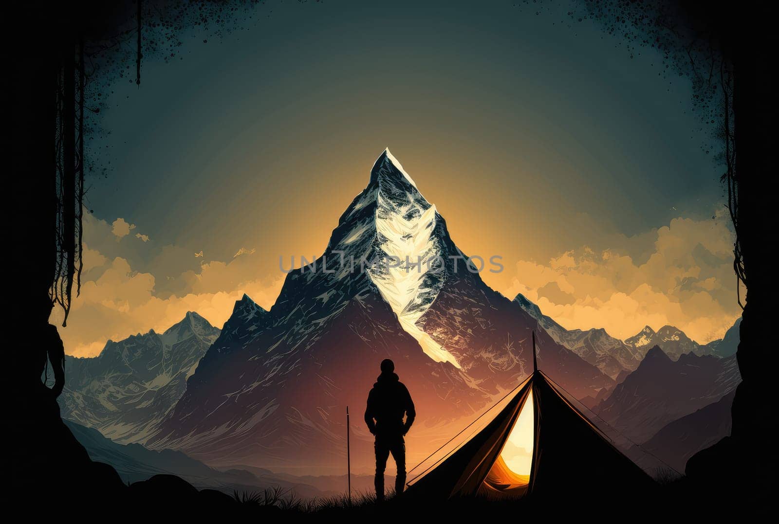 Man with tourist backpack, tent and mountains abstract flat background. Generative AI design