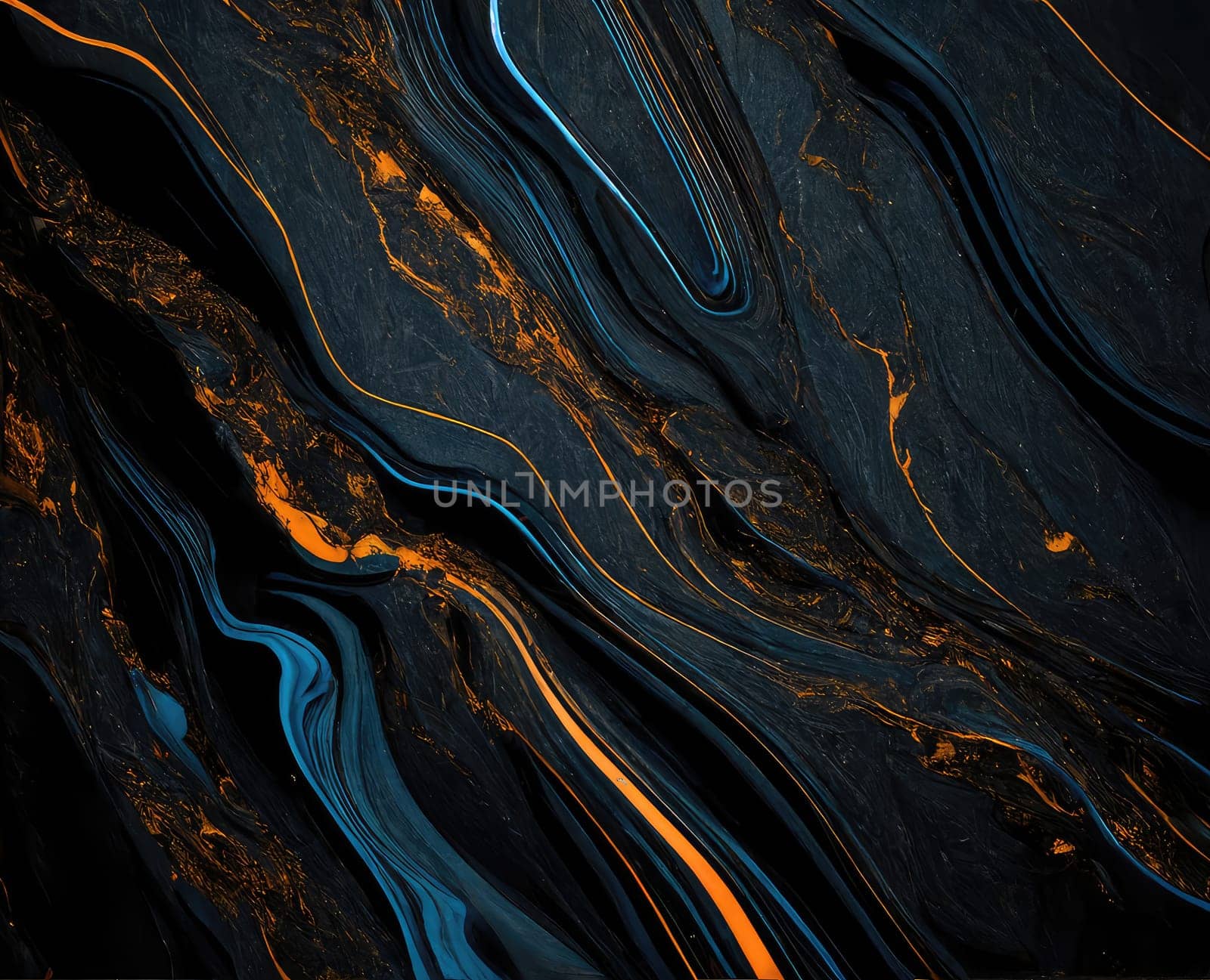 Abstract black blue orange grunge marble texture background. Generative AI design