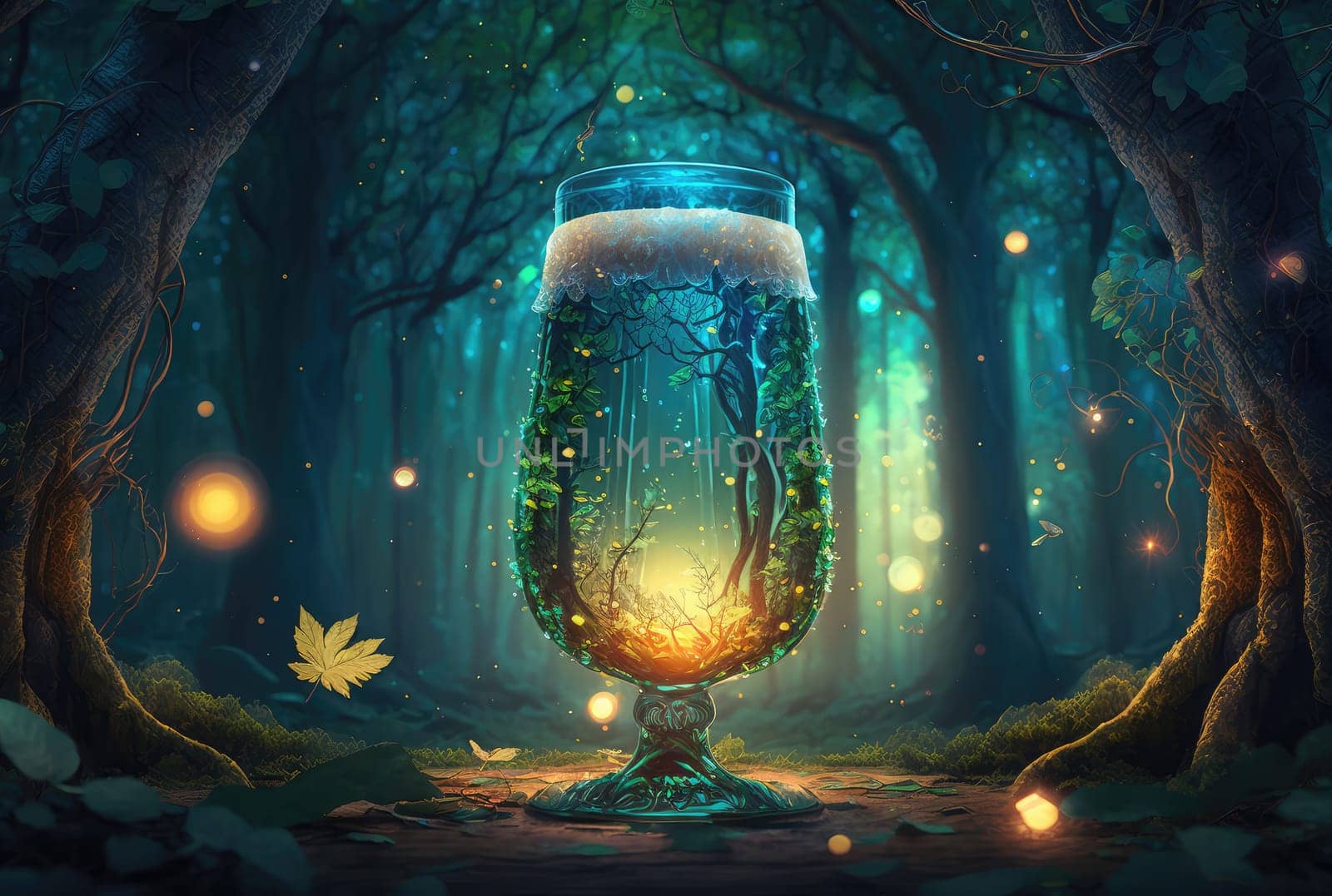 Glass of beer in magical forest landscape. Generative AI design
