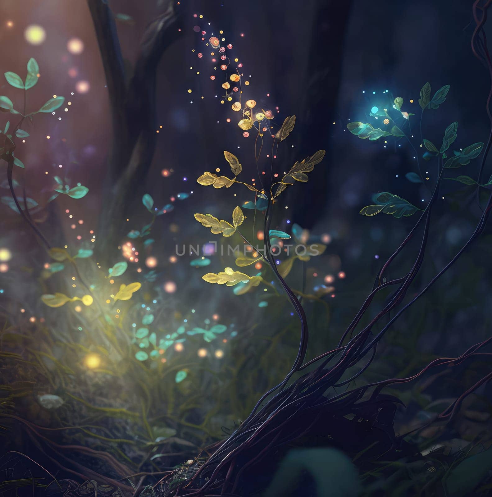 Shiny glowing magical grass and leaves close-up. Generative AI design