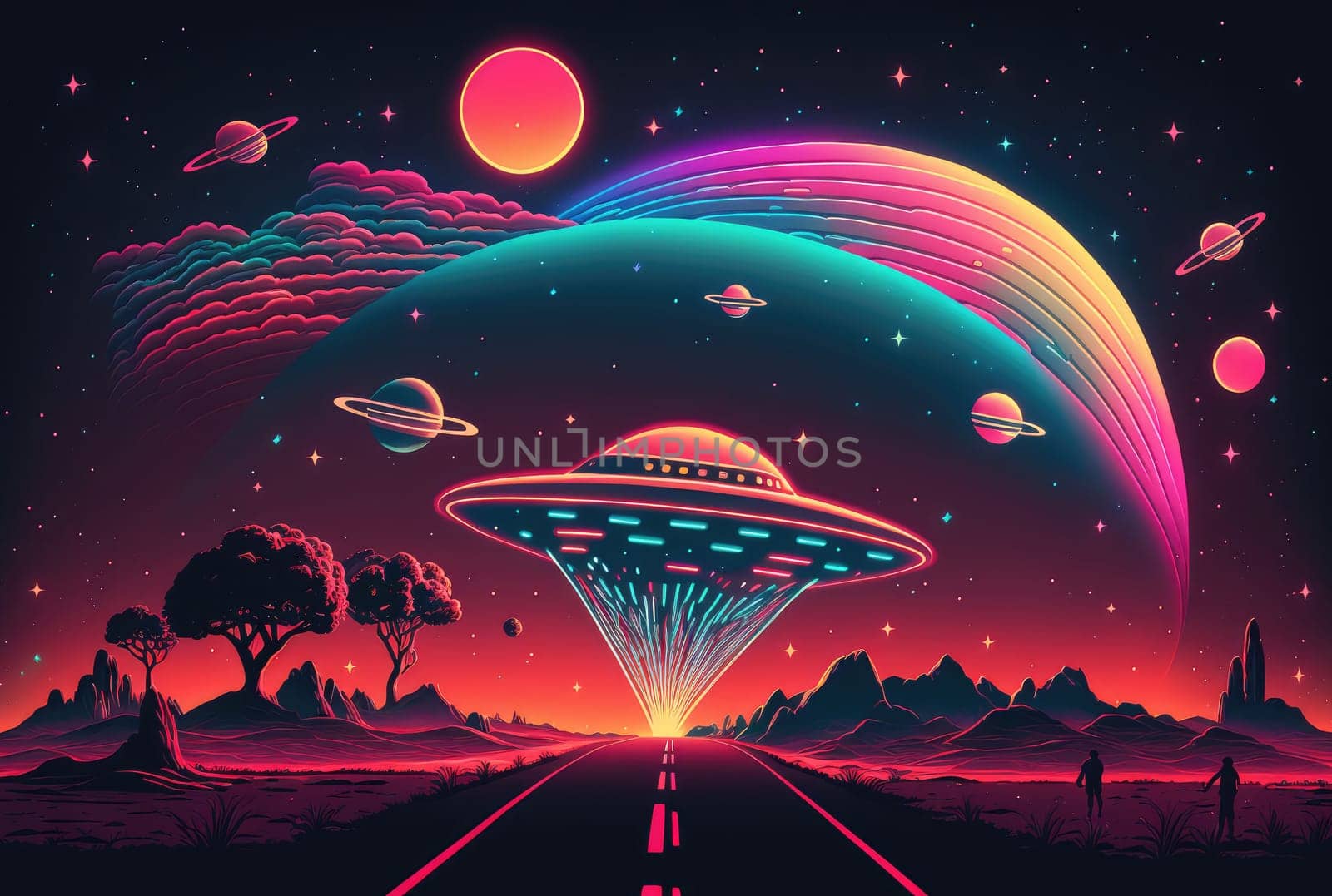 Retro neon landscape with UFO. Generative AI illustration