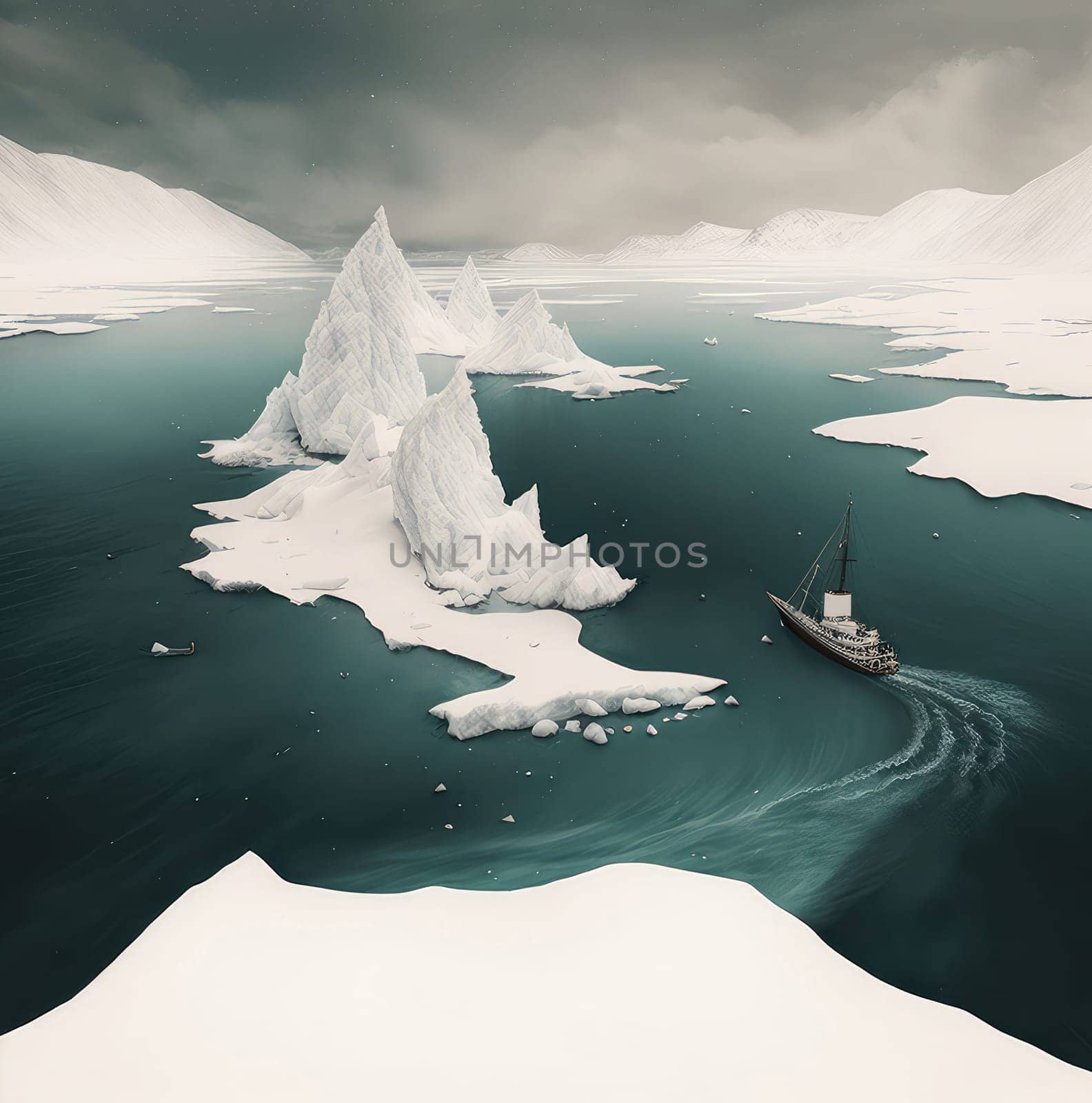 Ship in the winter snowy sea. Generative AI design