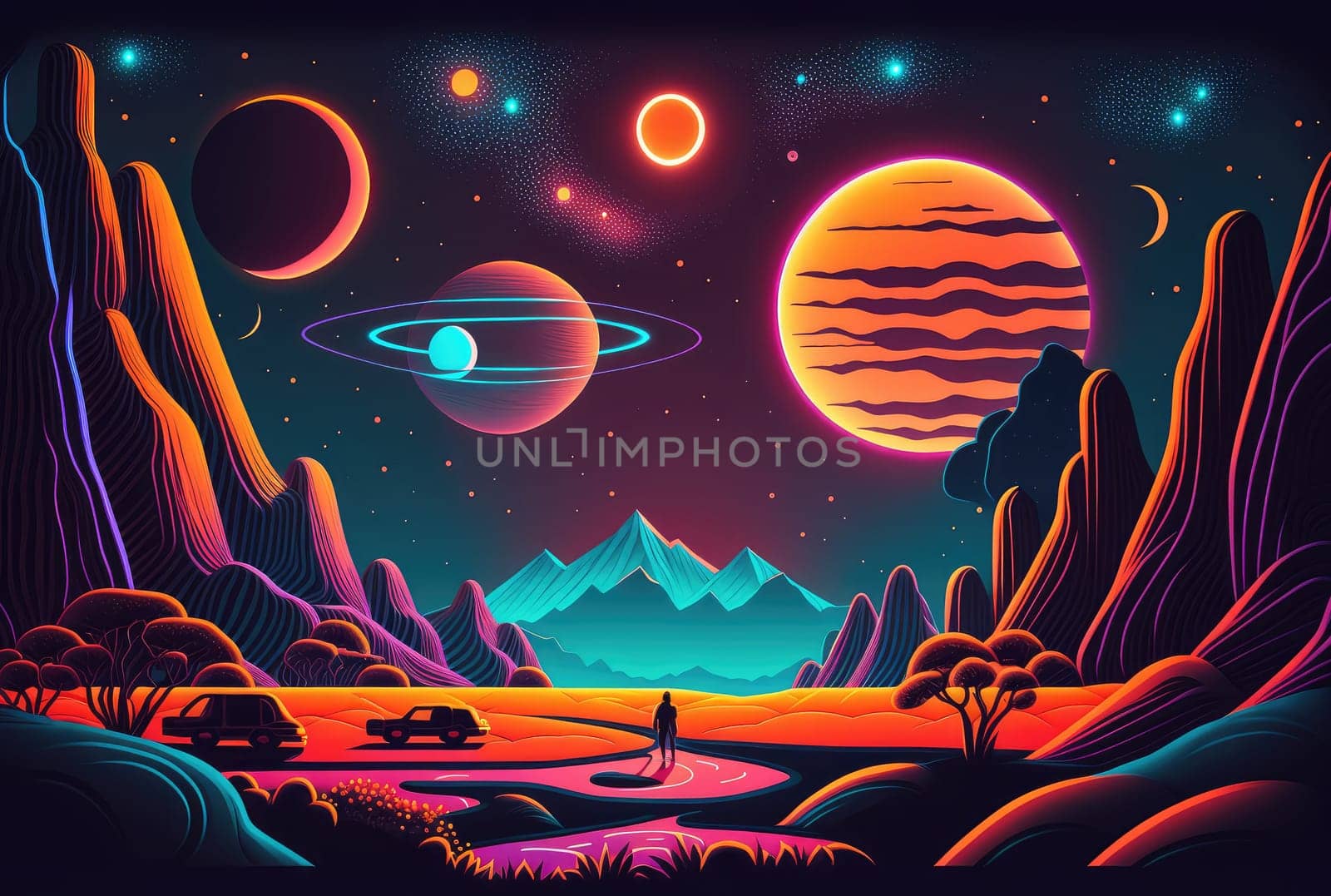 Retro neon landscape. Generative AI illustration