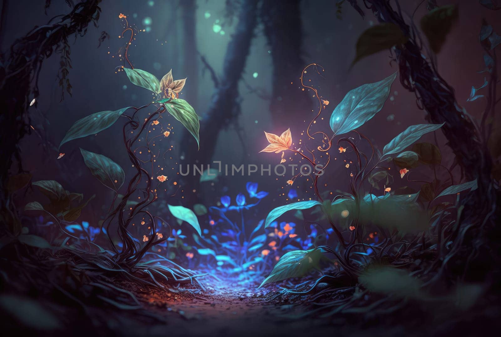 Shiny glowing magical grass and leaves close-up. Generative AI design