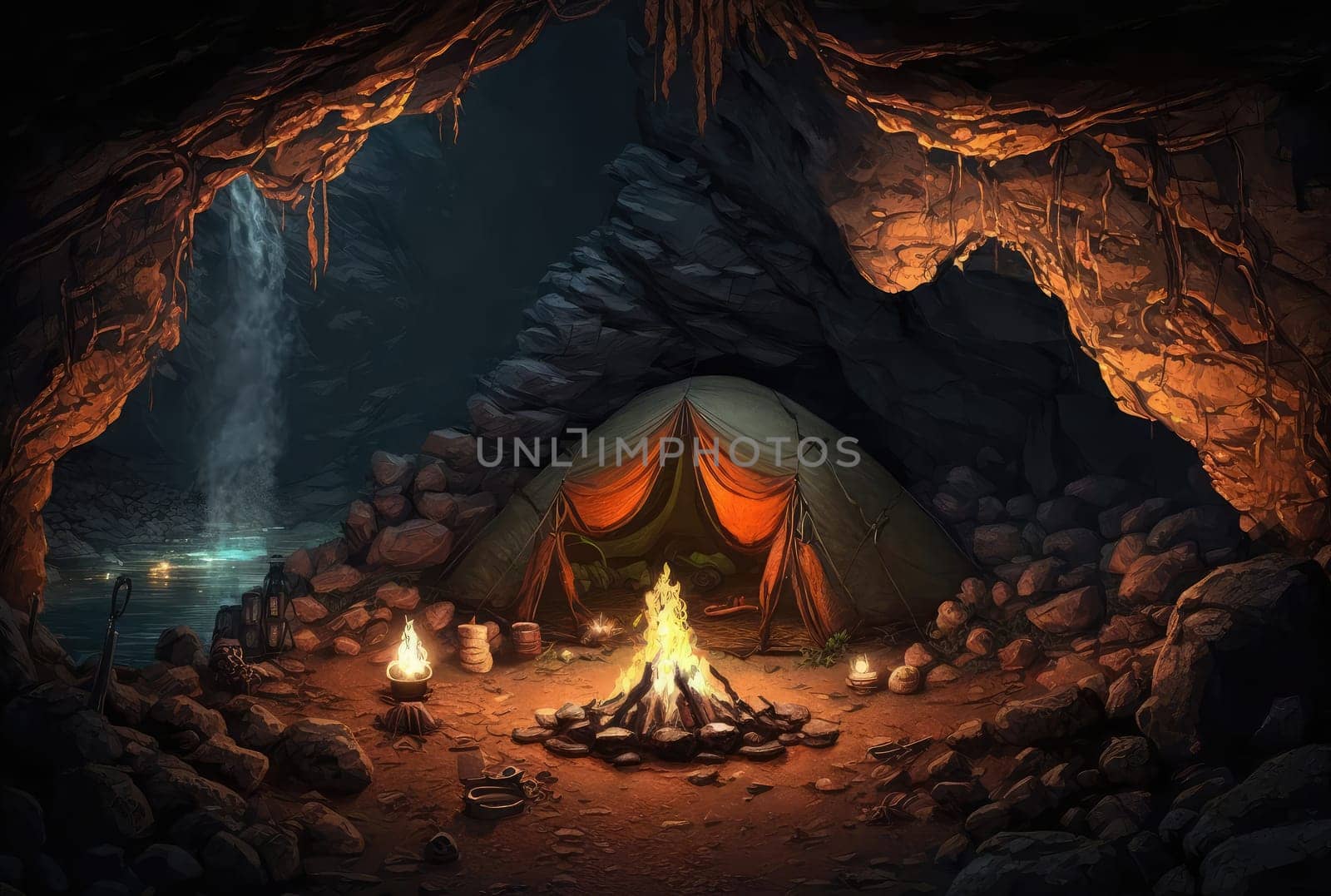 Tent camp in cave with campfire. Generative AI illustration