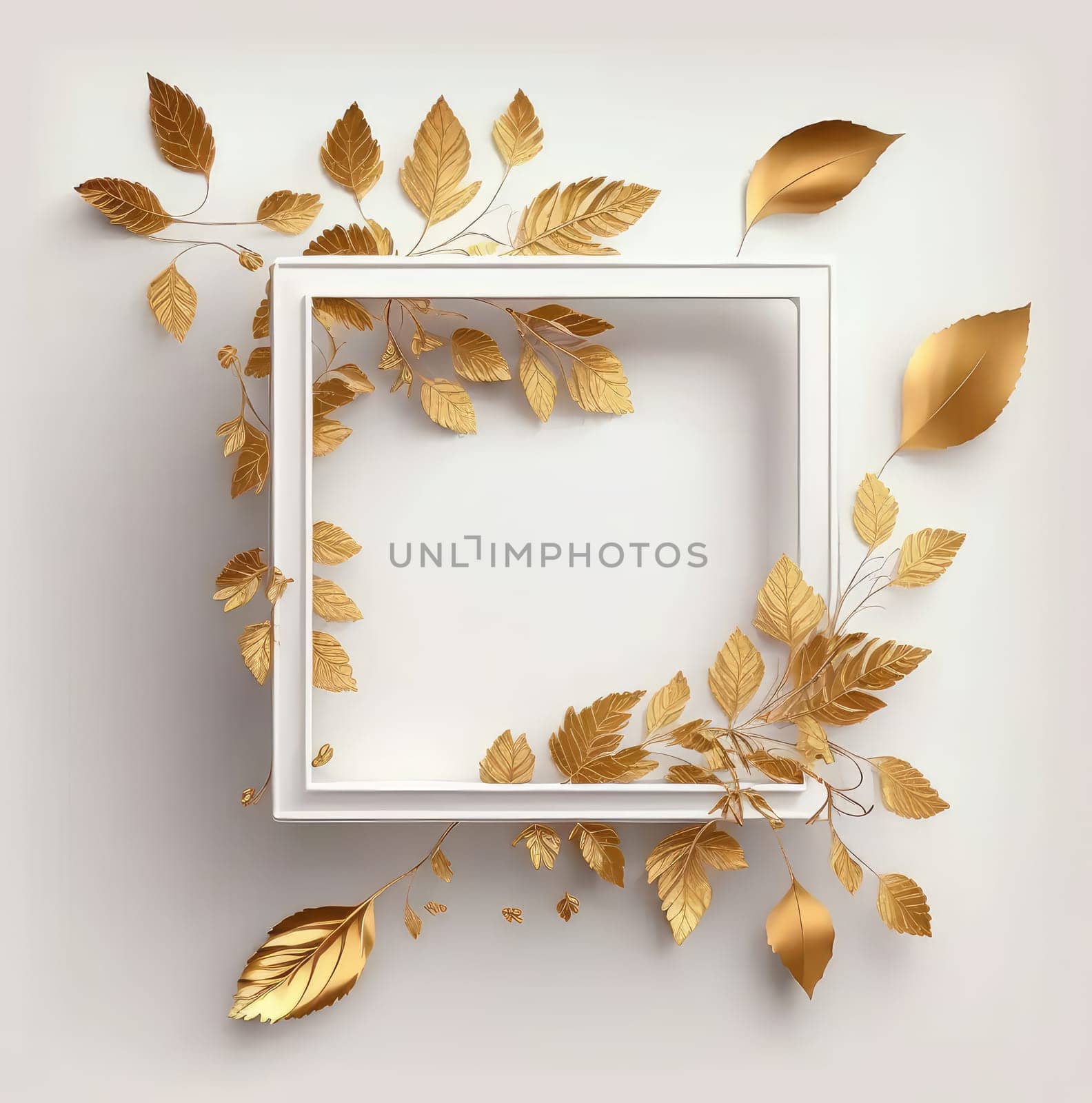 White square frame with golden leaves. Generative AI design