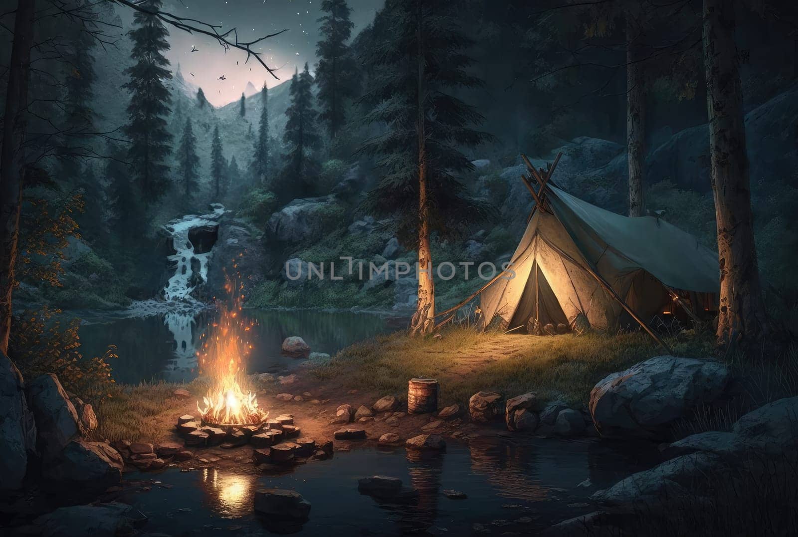 Night forest landscape with tent and campfire. Generative AI design