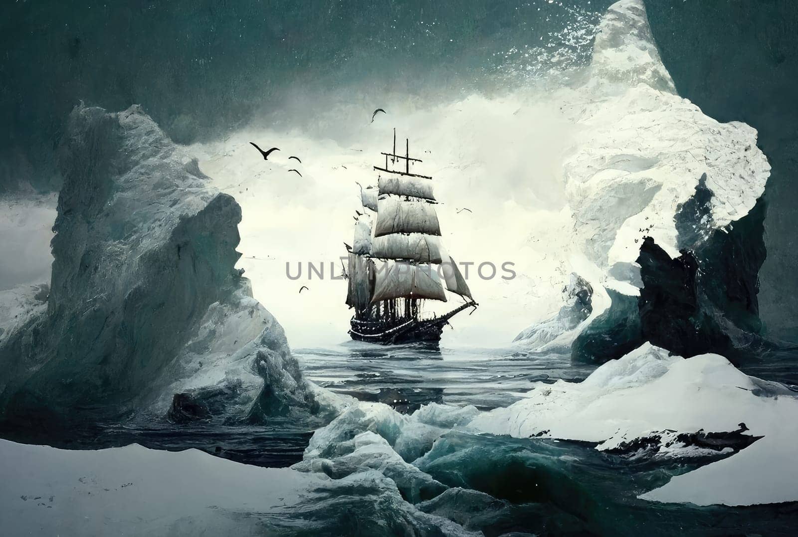 Sailing ship in the winter snowy sea. Generative AI drawing