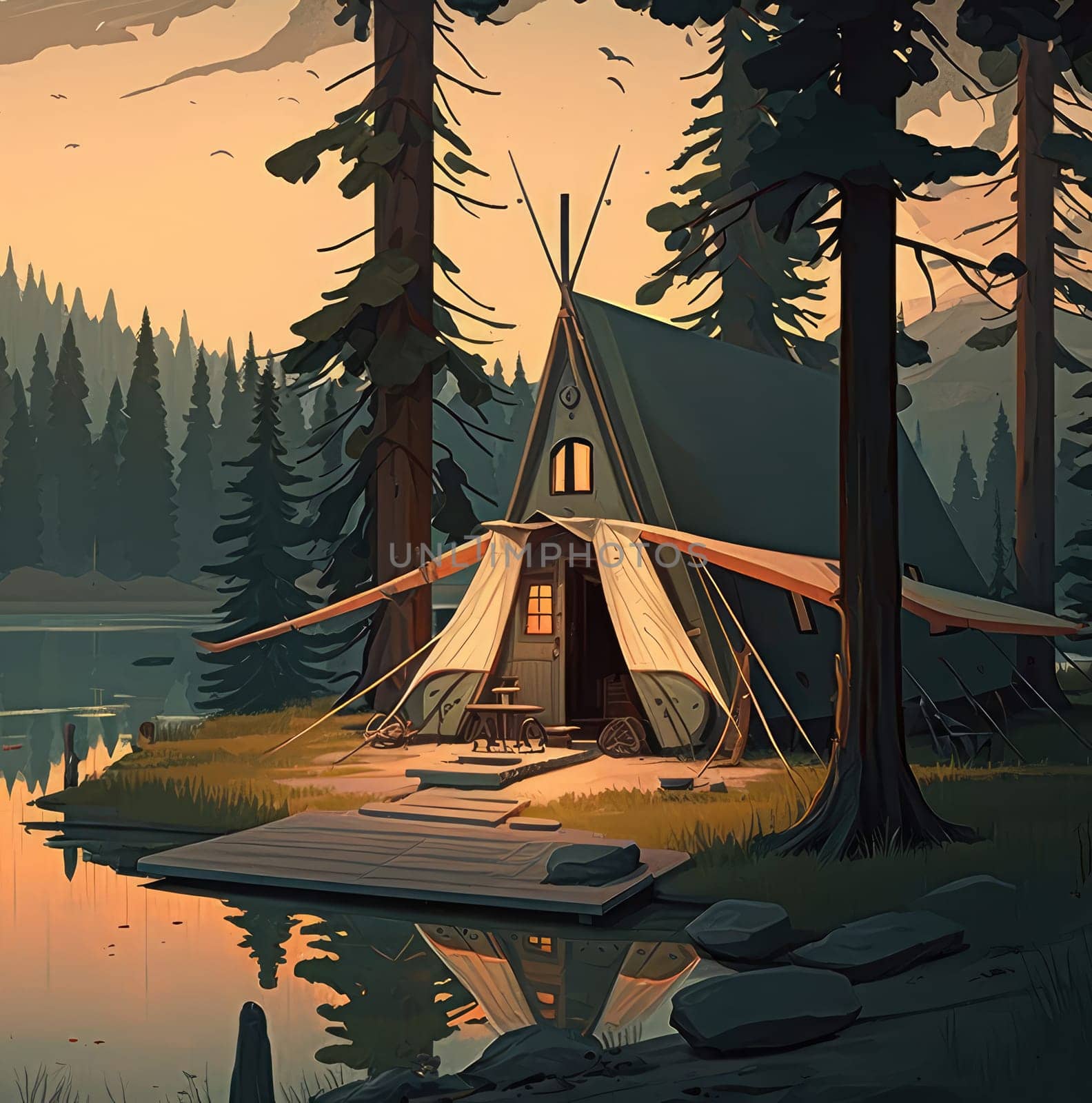Tent in forest landscape. Generative AI illustration