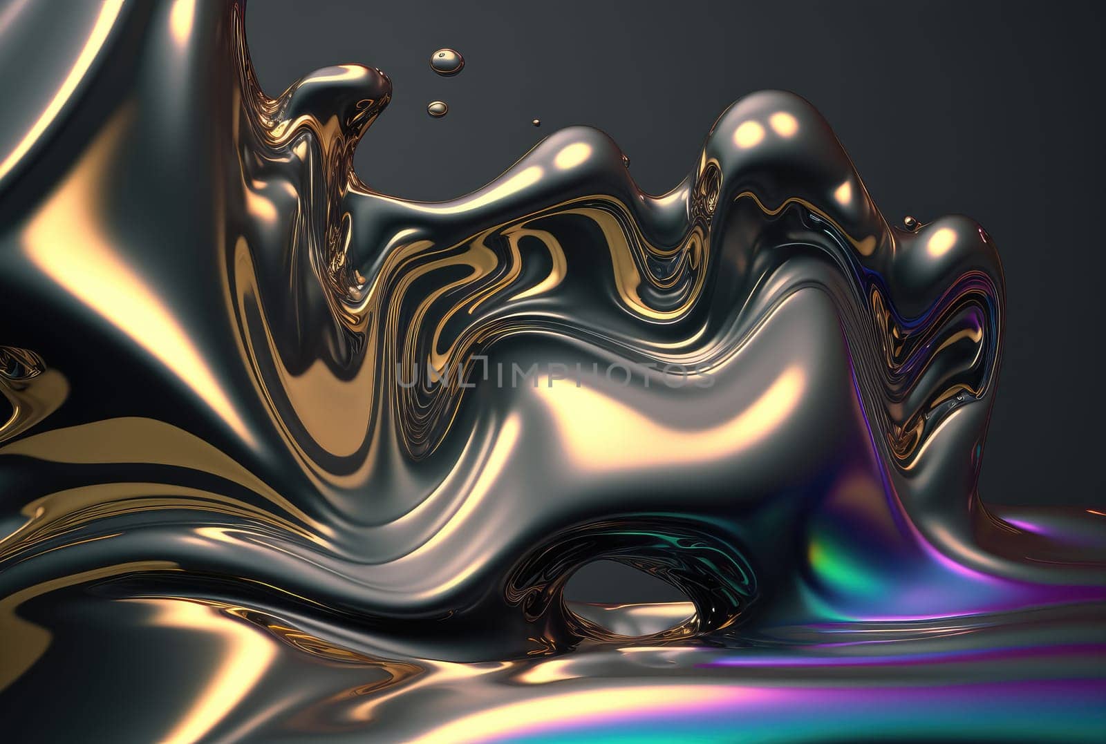 Holographic liquid metallic waves abstract background. Generative AI design