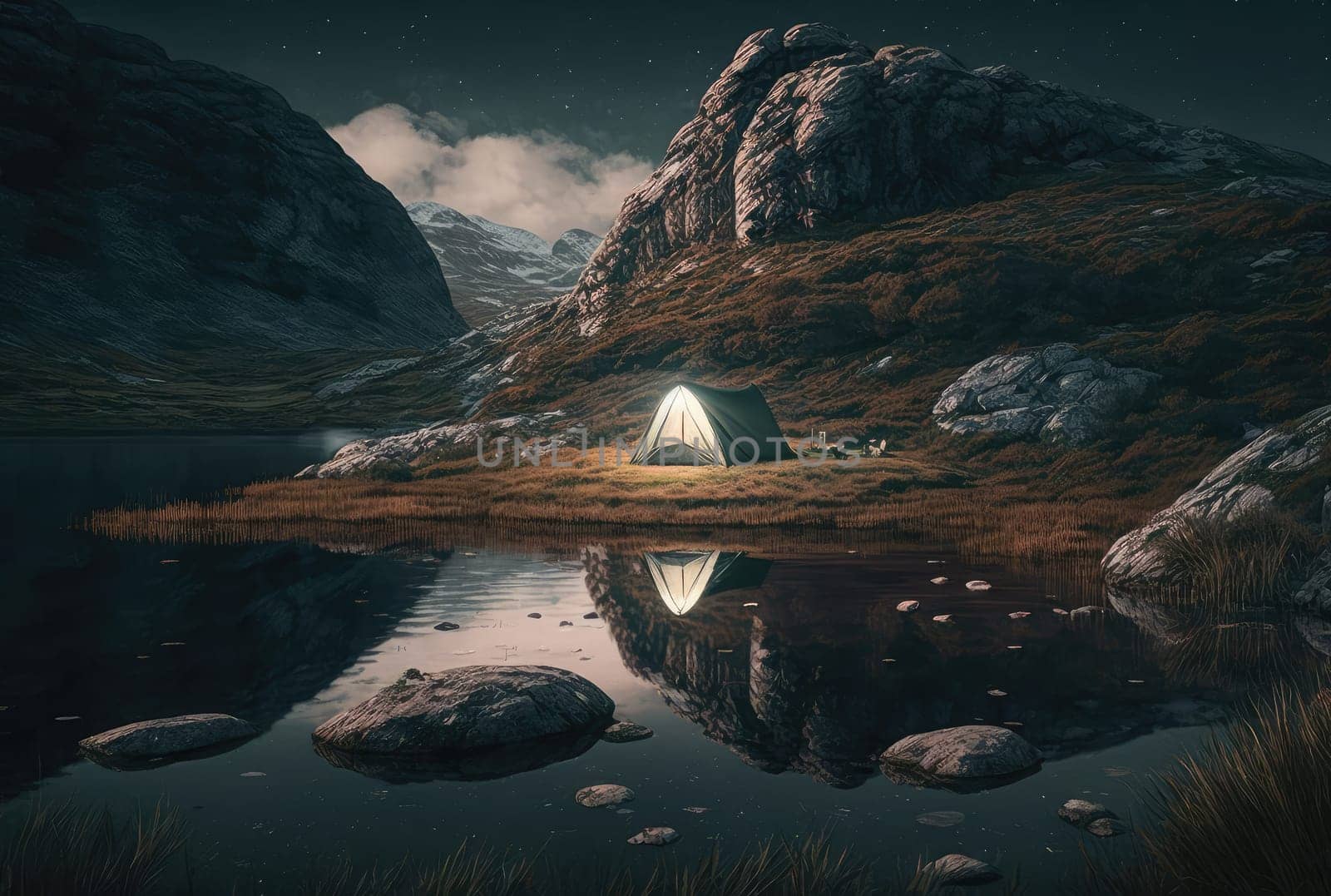 Night mountain landscape with illuminated tent. Generative AI design
