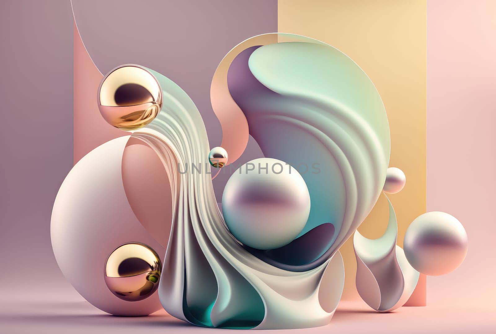 Liquid pastel shapes and spheres. Generative AI design