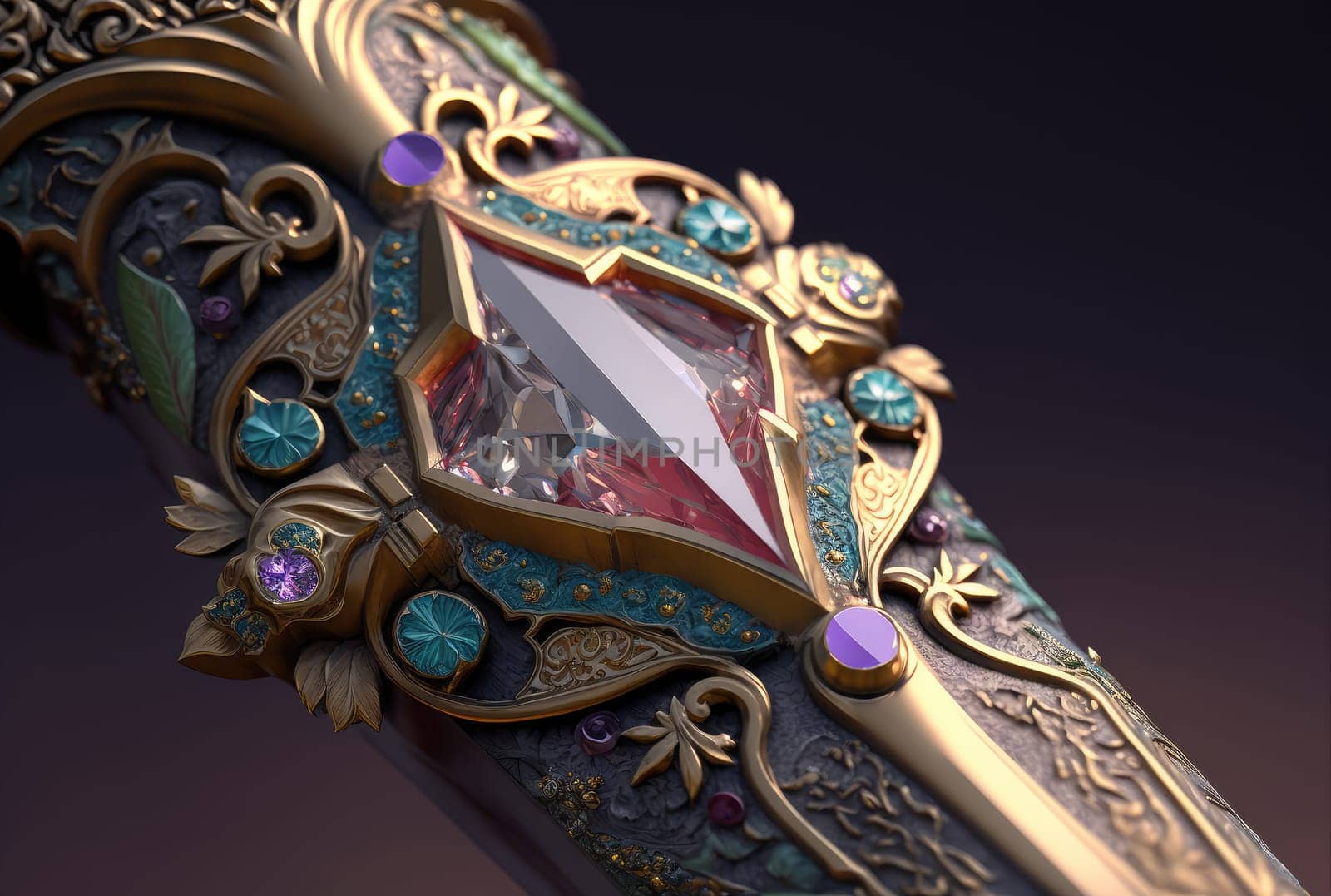 Sword hilt with gems closeup. Generative AI design