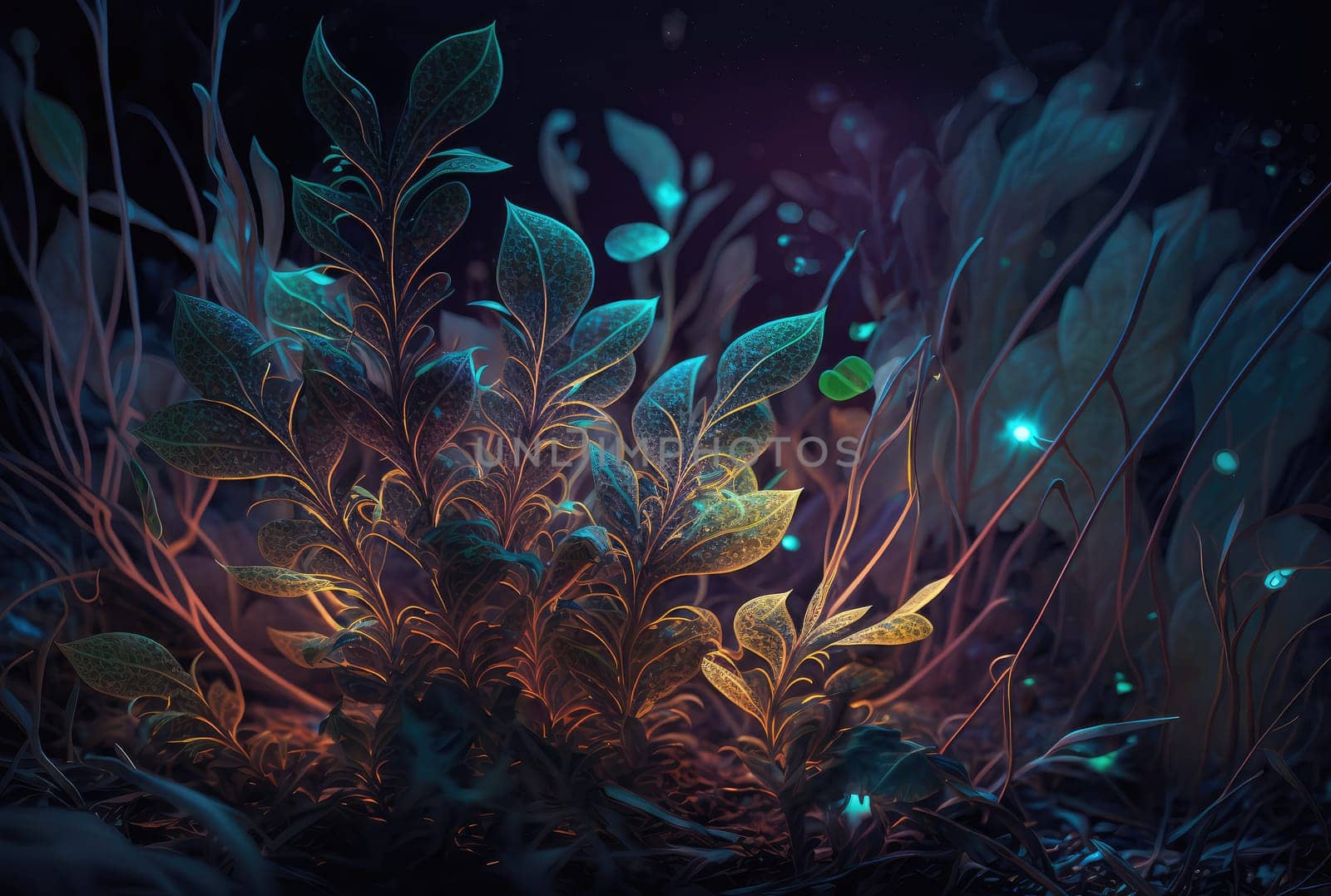 Shiny glowing magical grass and leaves close-up. Generative AI design