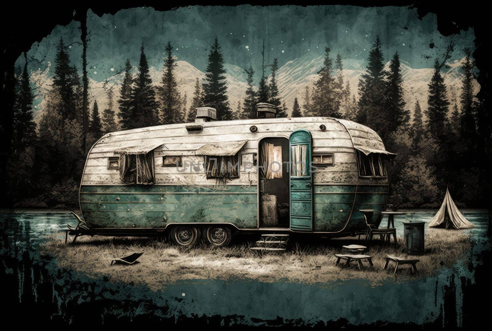Old grunge design of camping van in the forest. Generative AI design