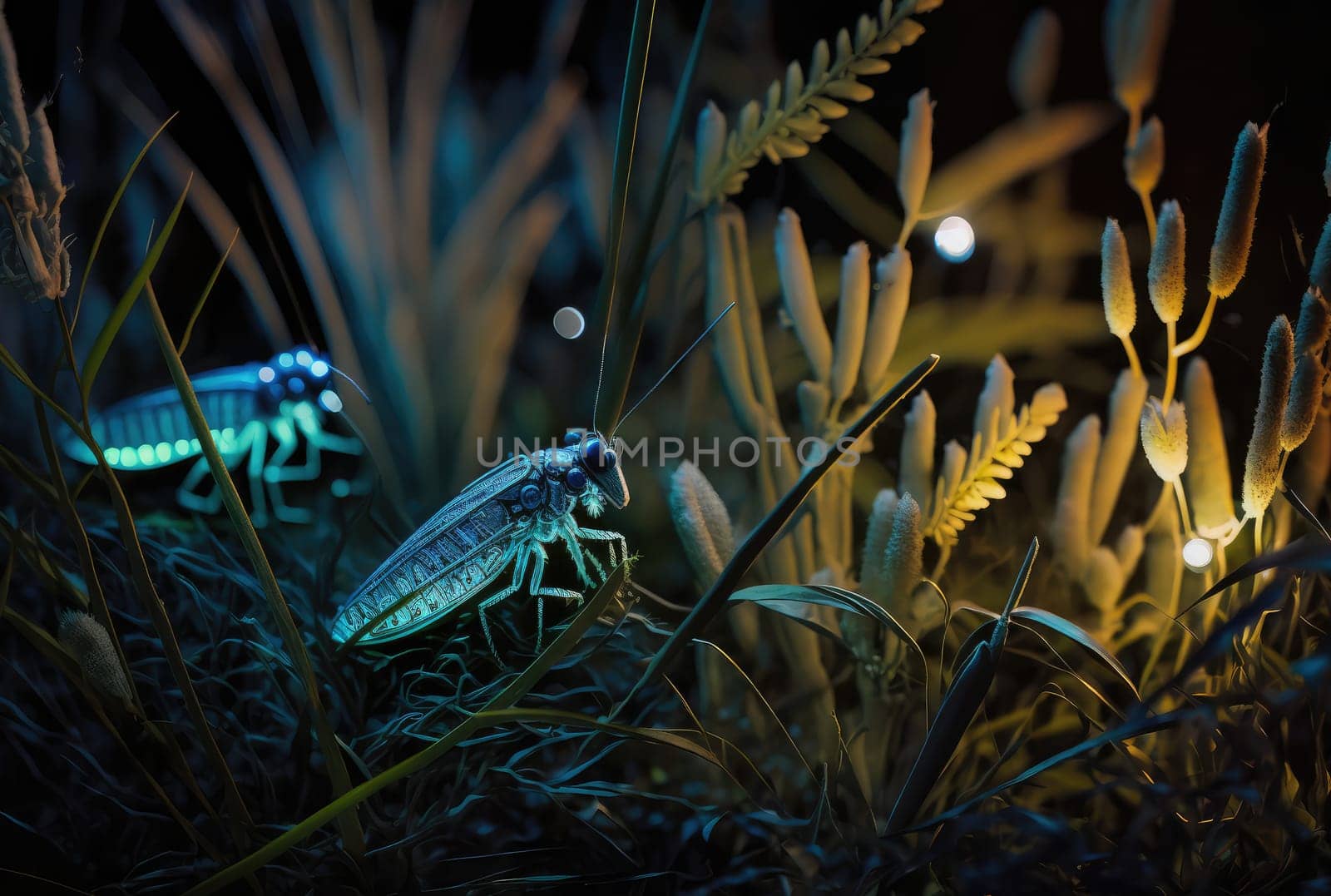 Shiny glowing magical grass and insects close-up. Generative AI design