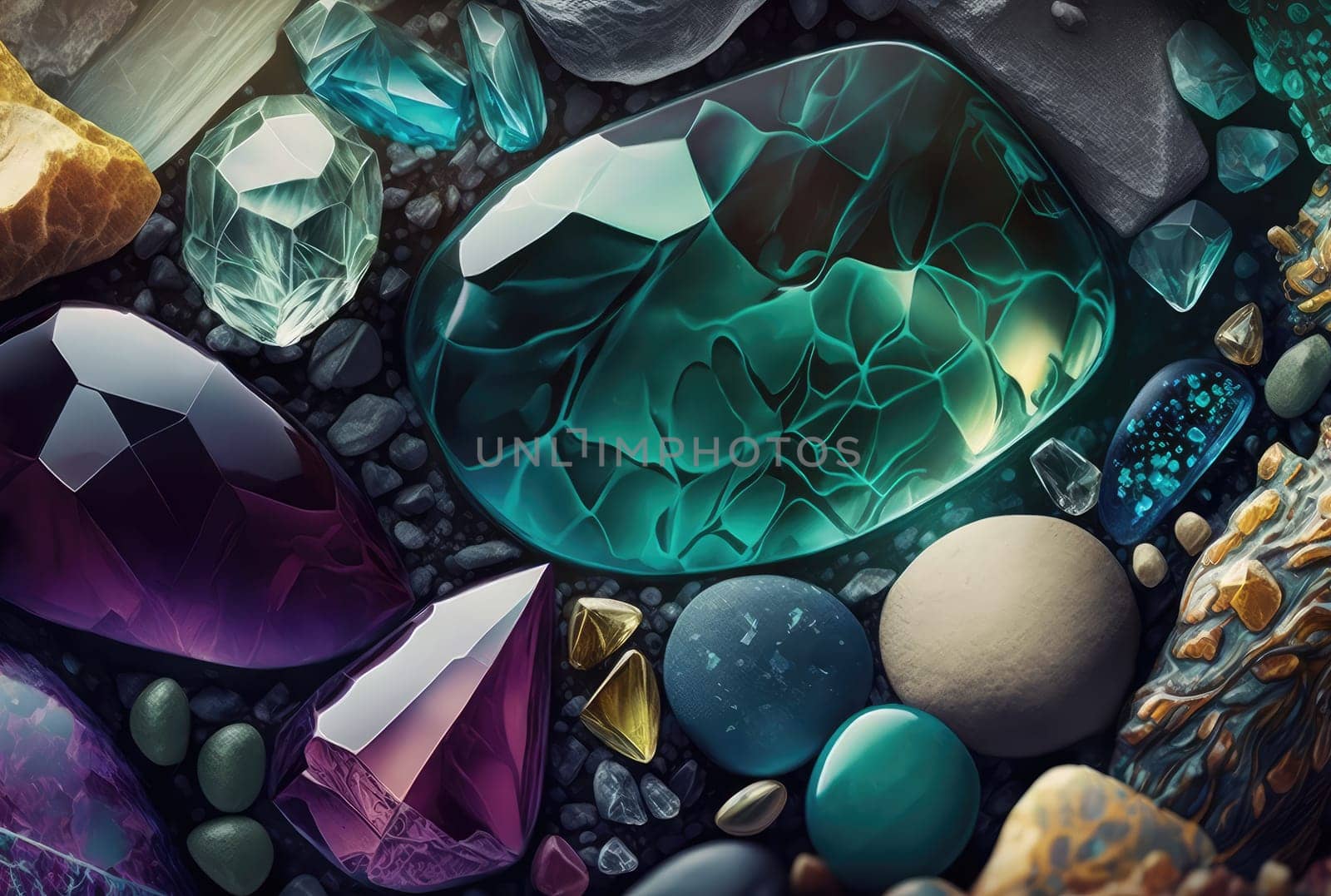 Cartoon crystal gemstones. Generative AI drawing