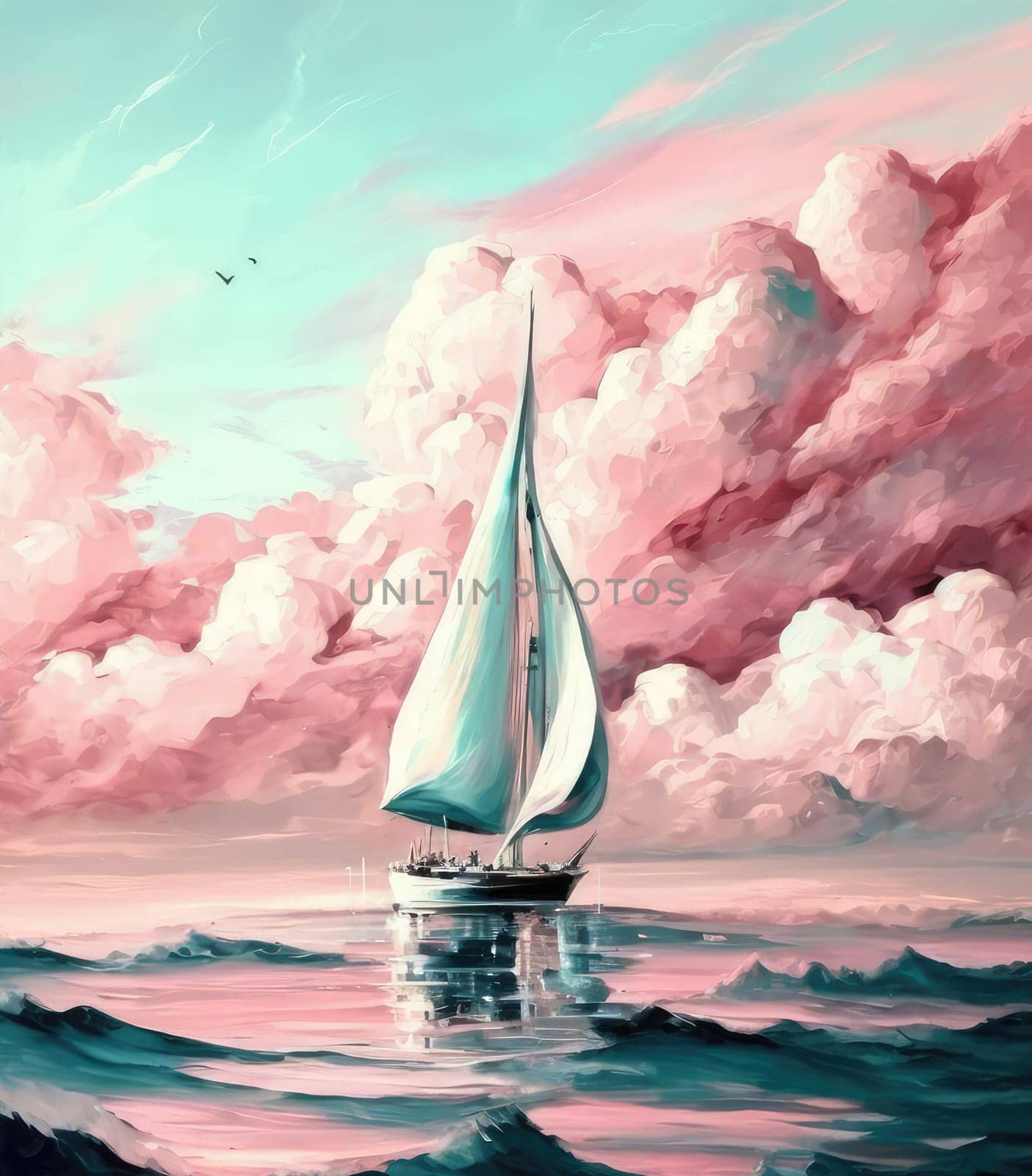 Watercolor pastel drawing of sailboat in the sea. Generative AI design