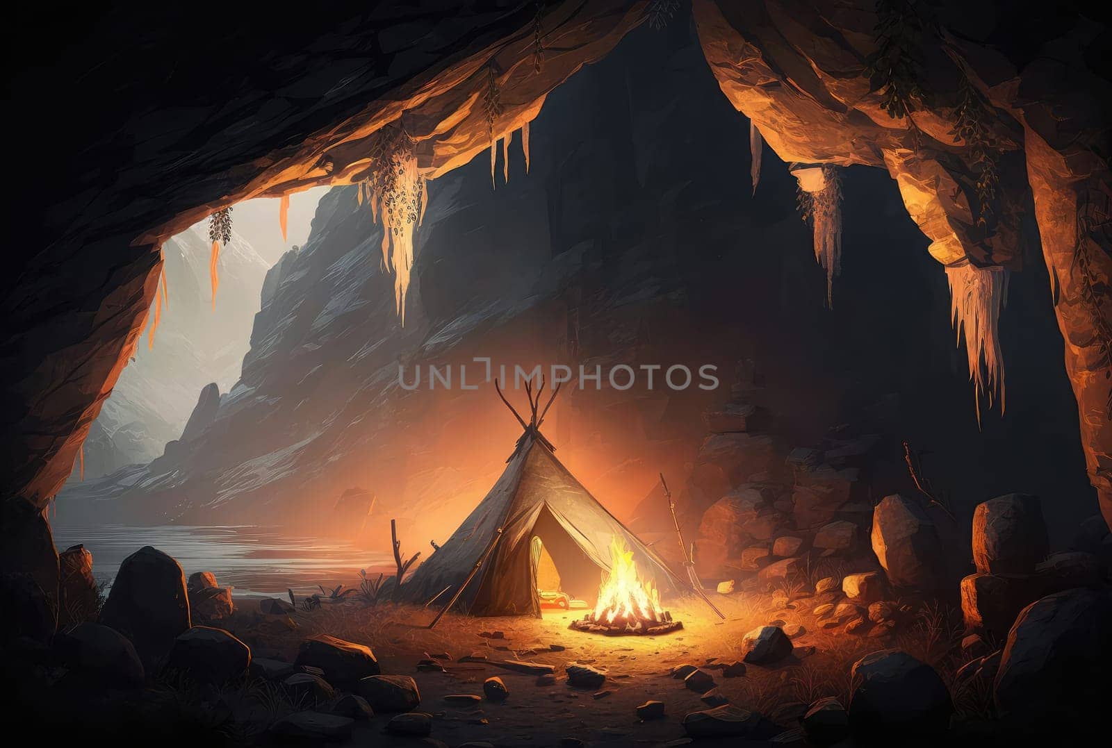 Tent camp in mountains with campfire. Generative AI illustration