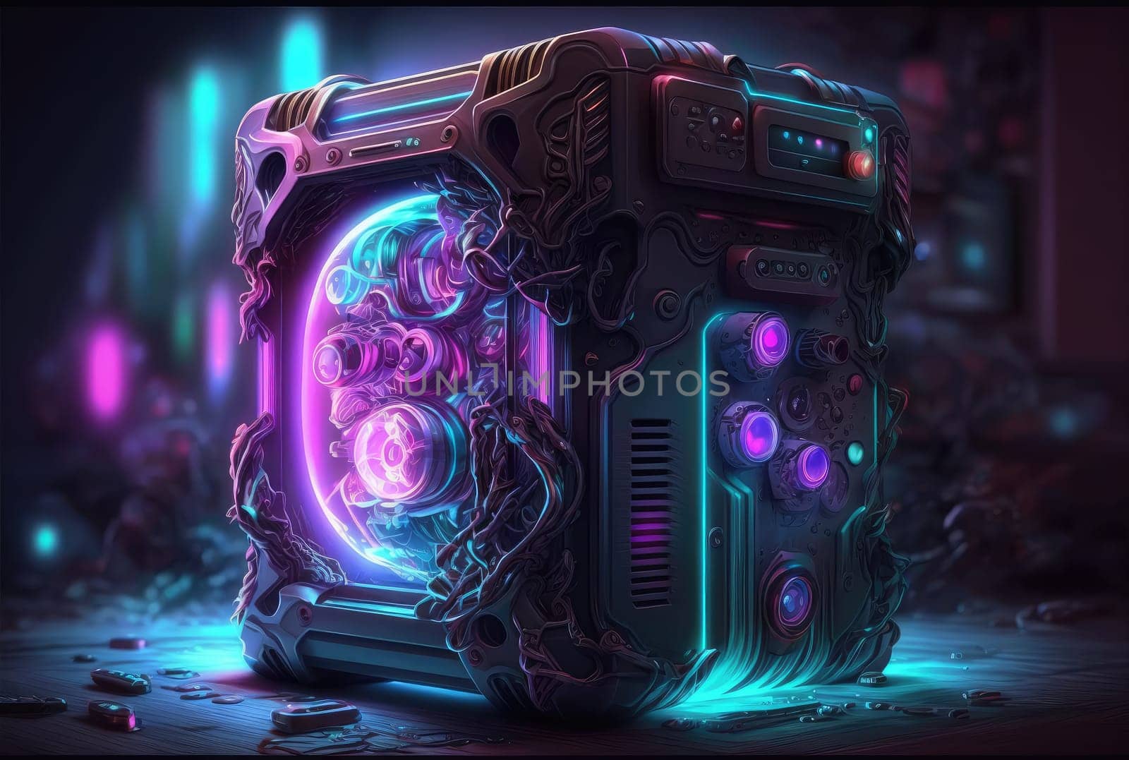 Fantasy neon computer system unit. Generative AI design