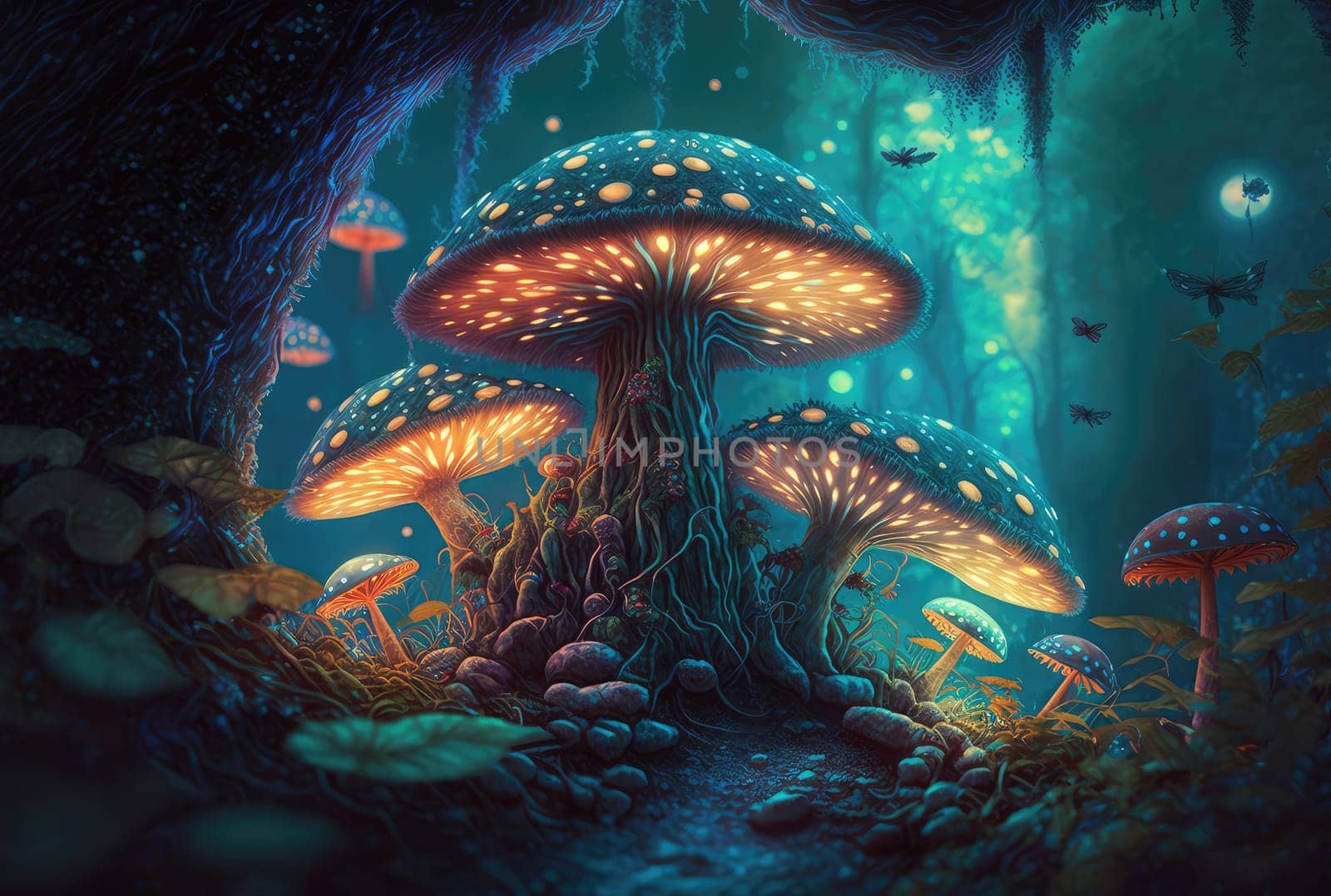 Shiny glowing magical mushrooms. Generative AI design