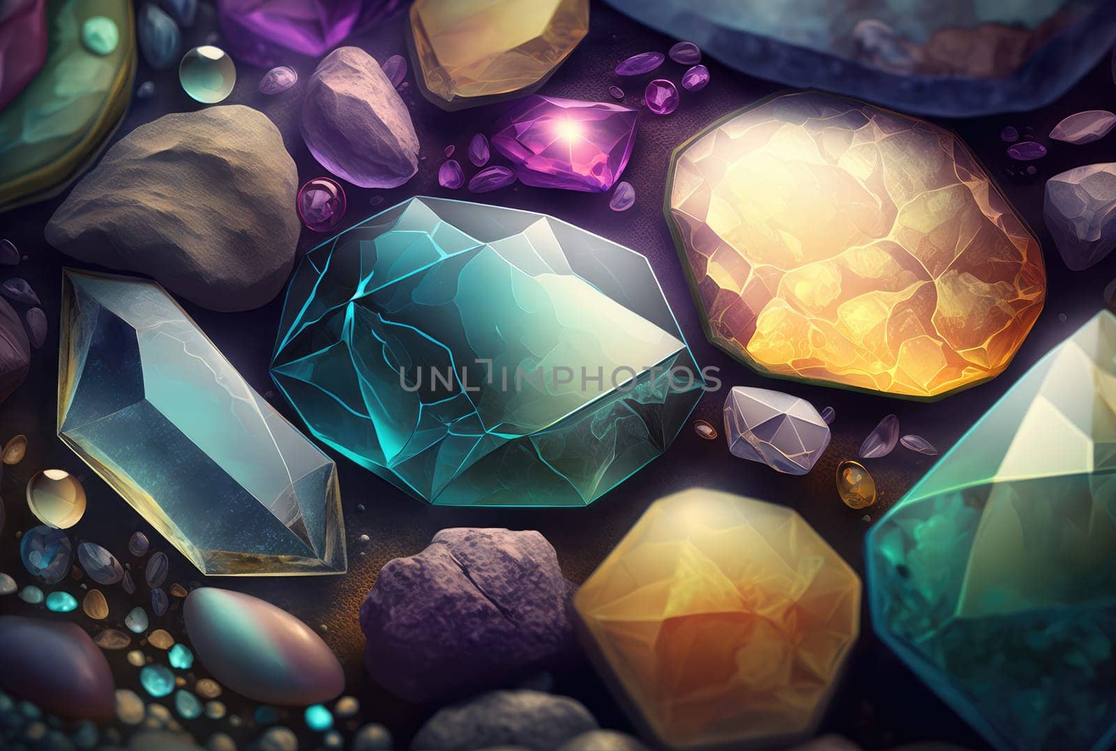 Cartoon crystal gemstones. Generative AI drawing