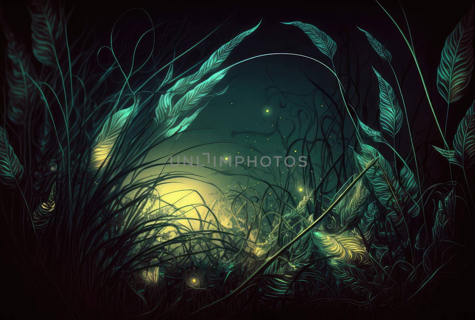 Shiny glowing magical grass and leaves close-up. Generative AI design