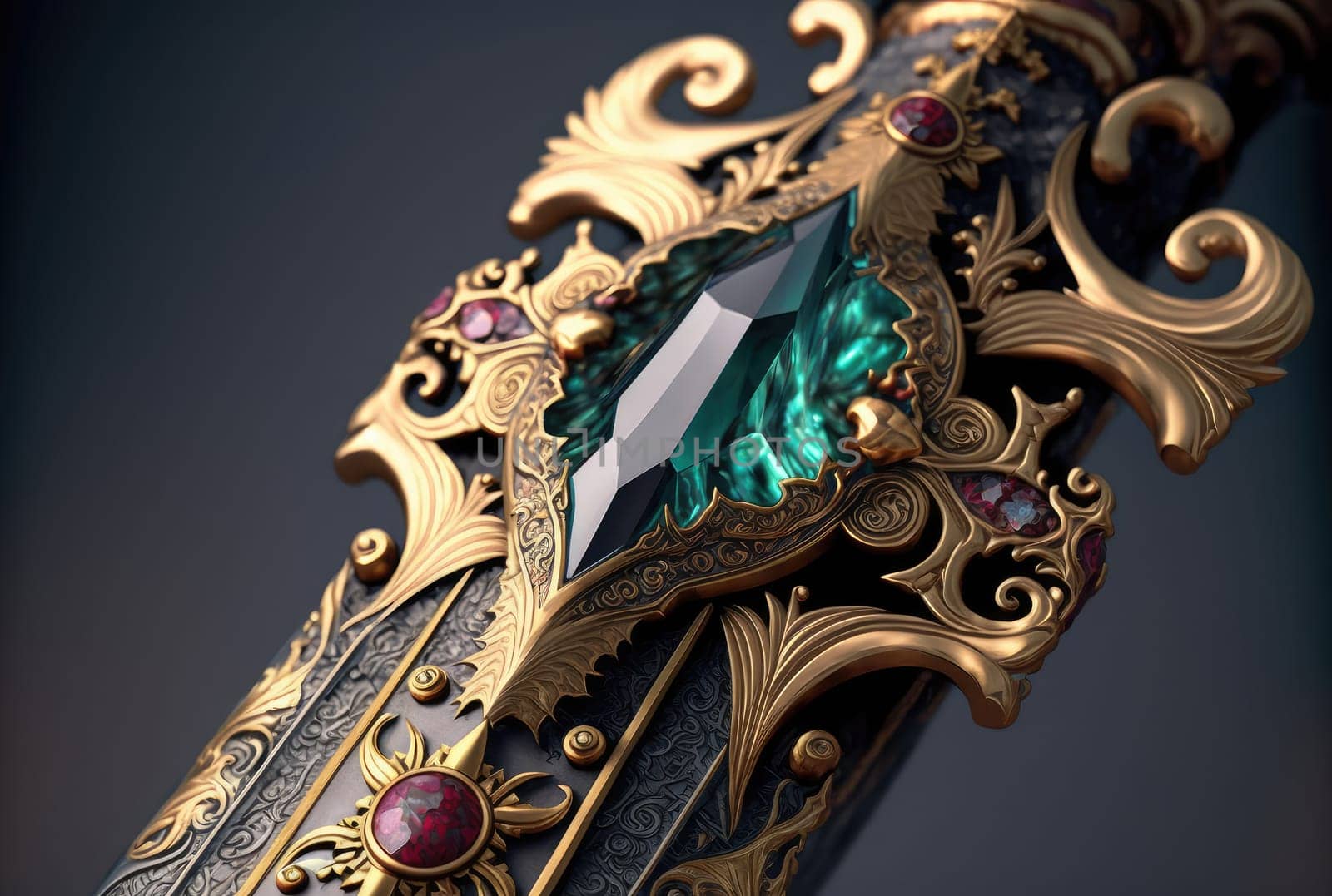 Sword hilt with gems closeup. Generative AI design