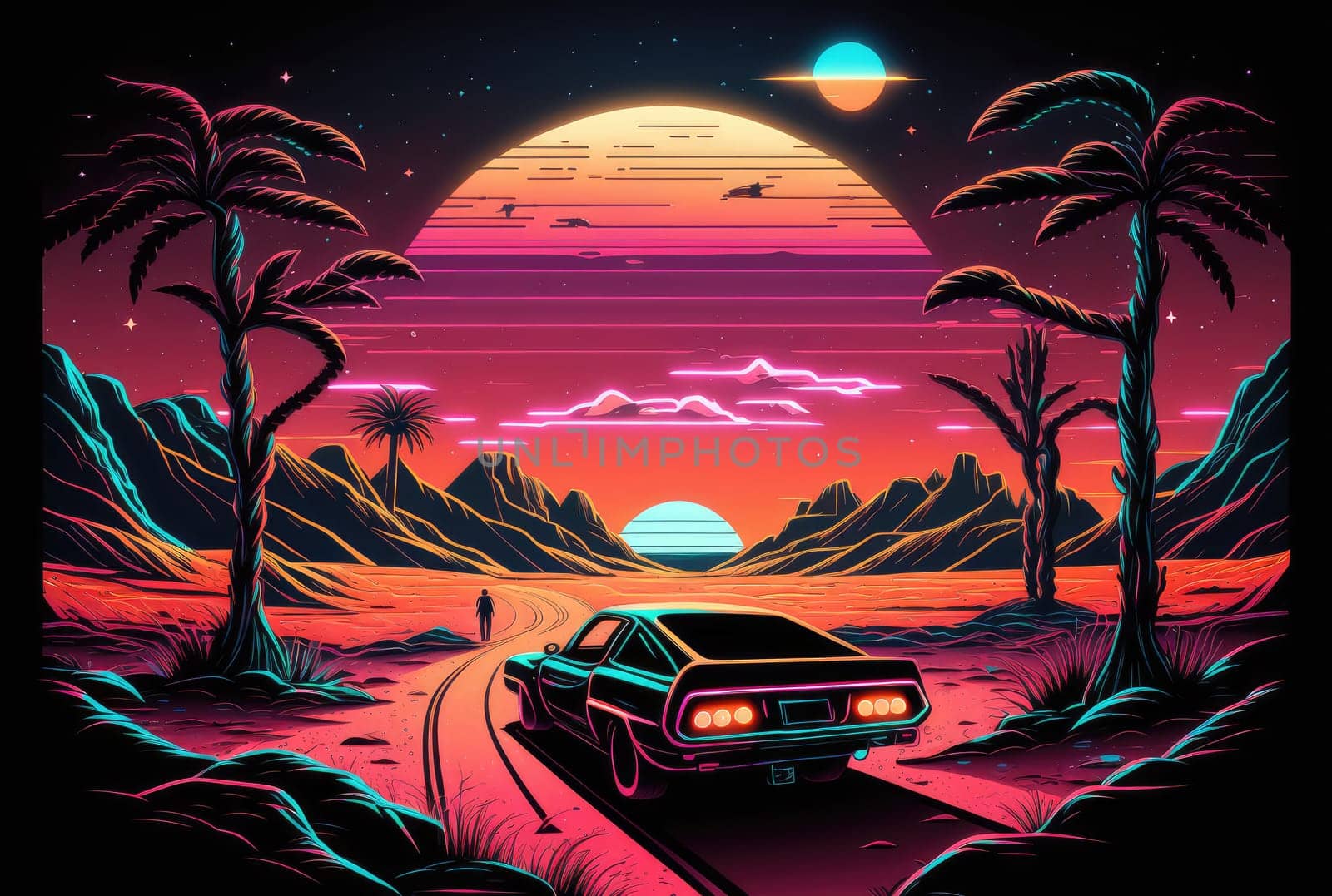 Retro neon landscape with muscle car. Generative AI illustration