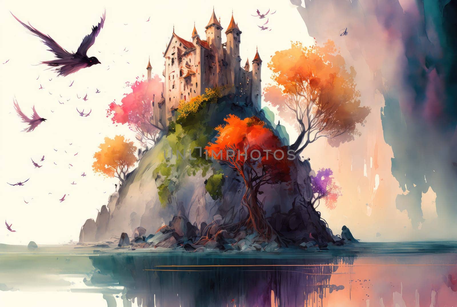 Colorful watercolor castle on the island. Generative AI drawing
