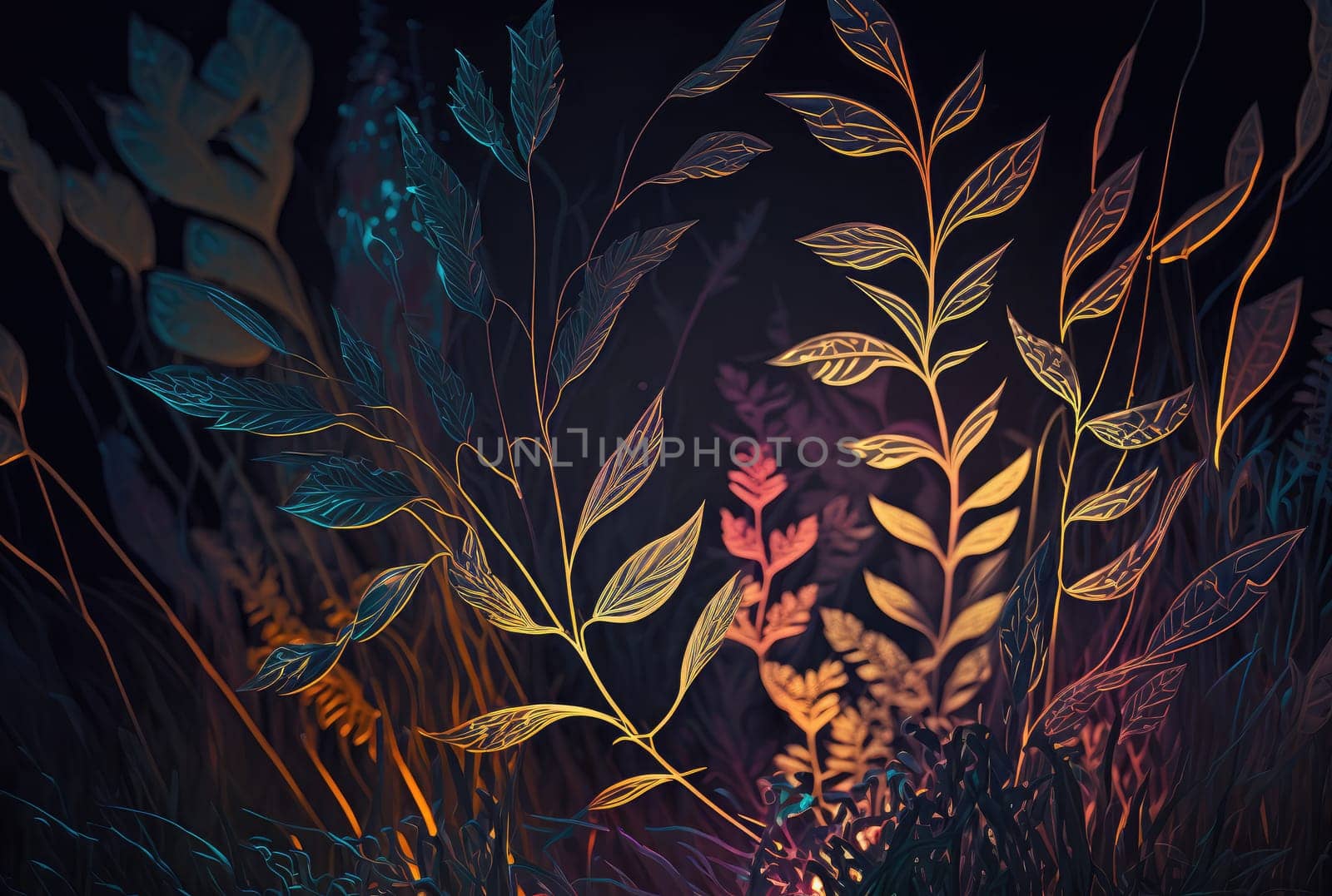 Shiny glowing magical grass and leaves close-up. Generative AI design