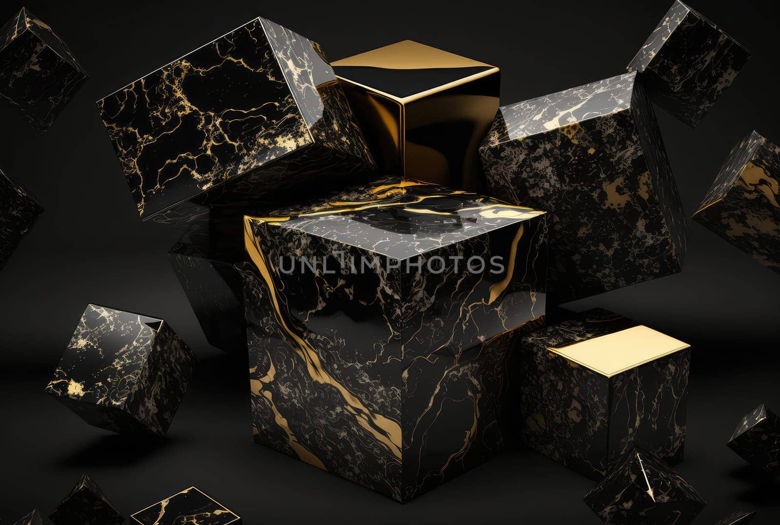 Abstract black golden marble cubes geometric background. Generative AI design