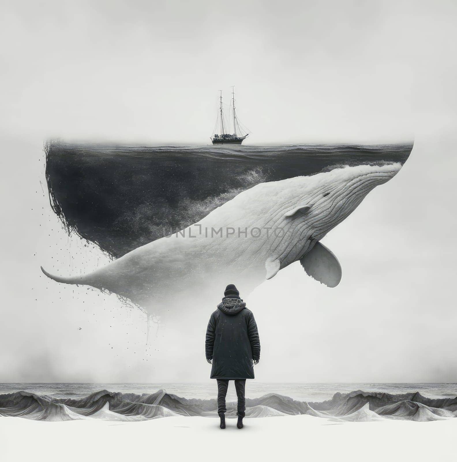 Winter sea concept: whale, ship and man. Generative AI design