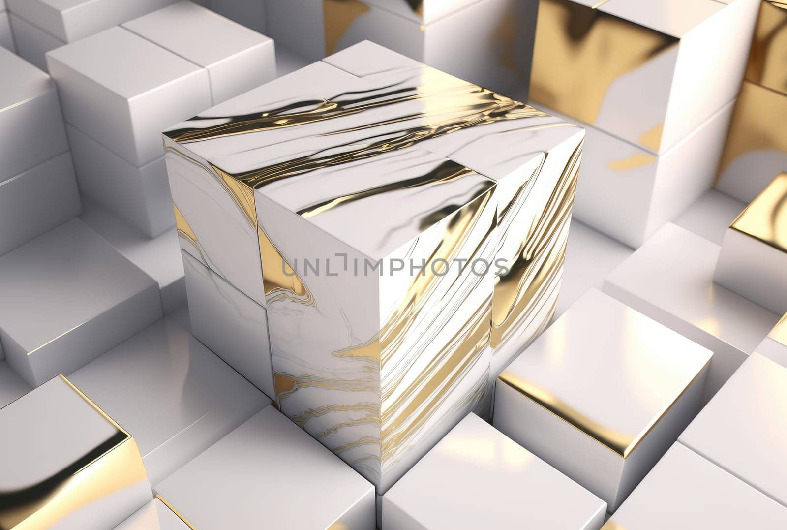 Abstract white golden marble cubes geometric background. Generative AI design