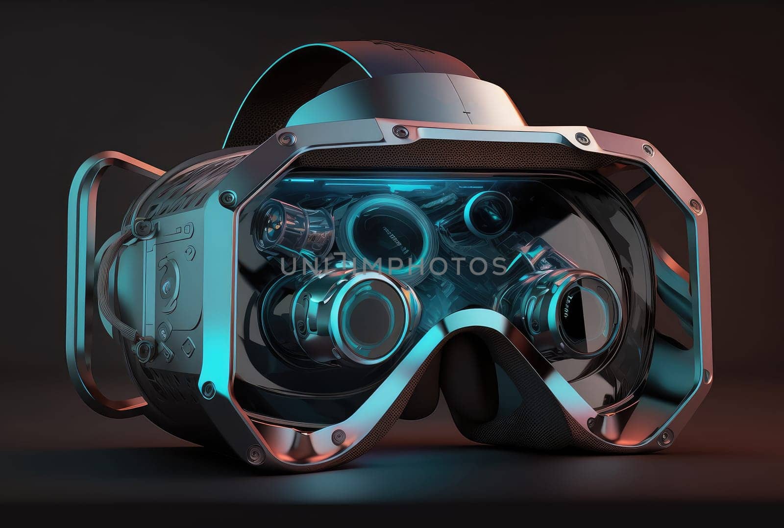 Futuristic virtual reality helmet. Generative AI design
