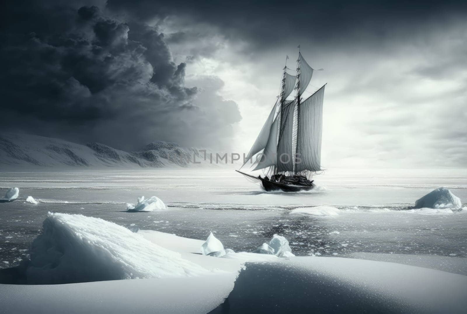 Sailboat in the winter snowy sea. Generative AI design