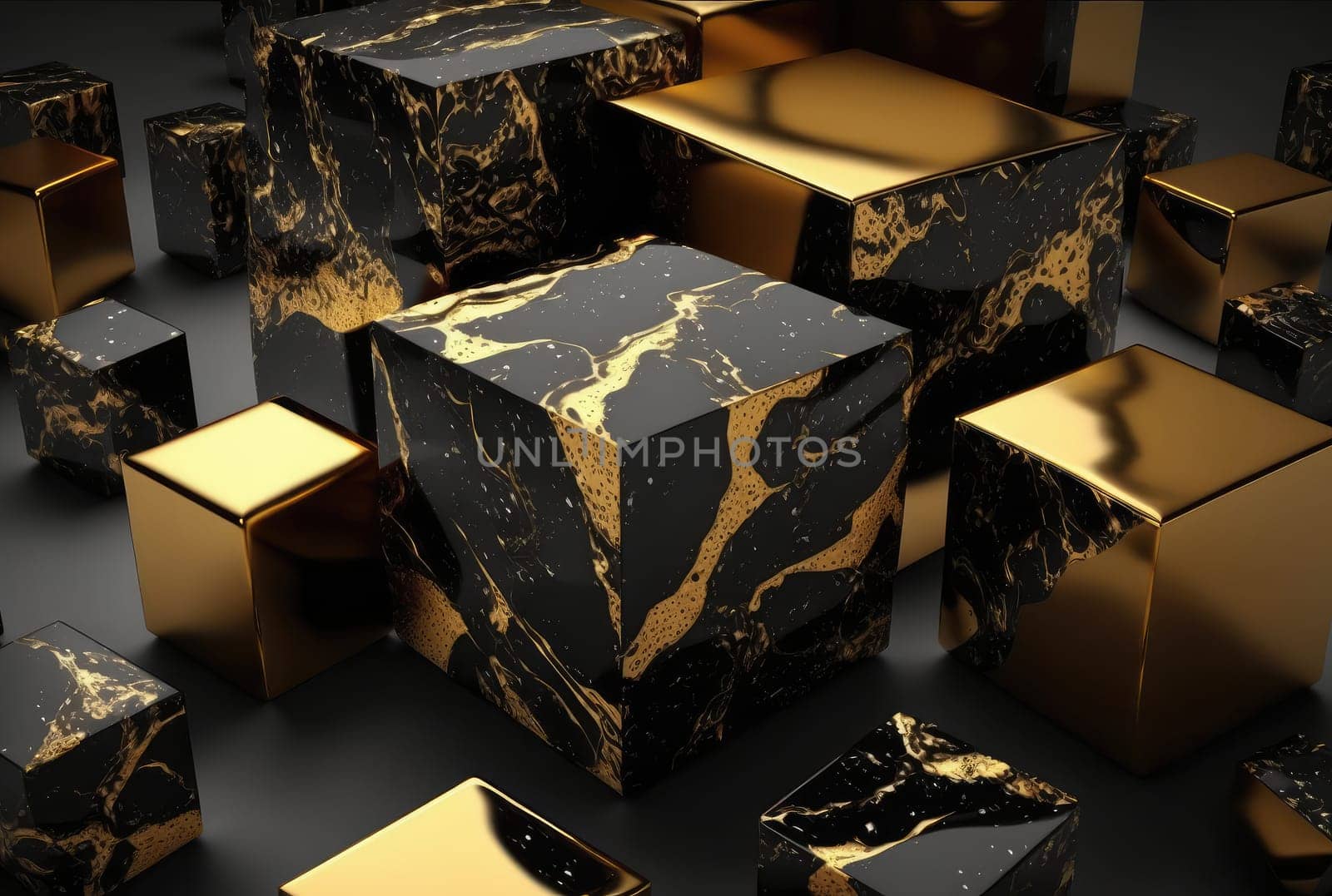 Abstract black golden marble cubes geometric background. Generative AI design