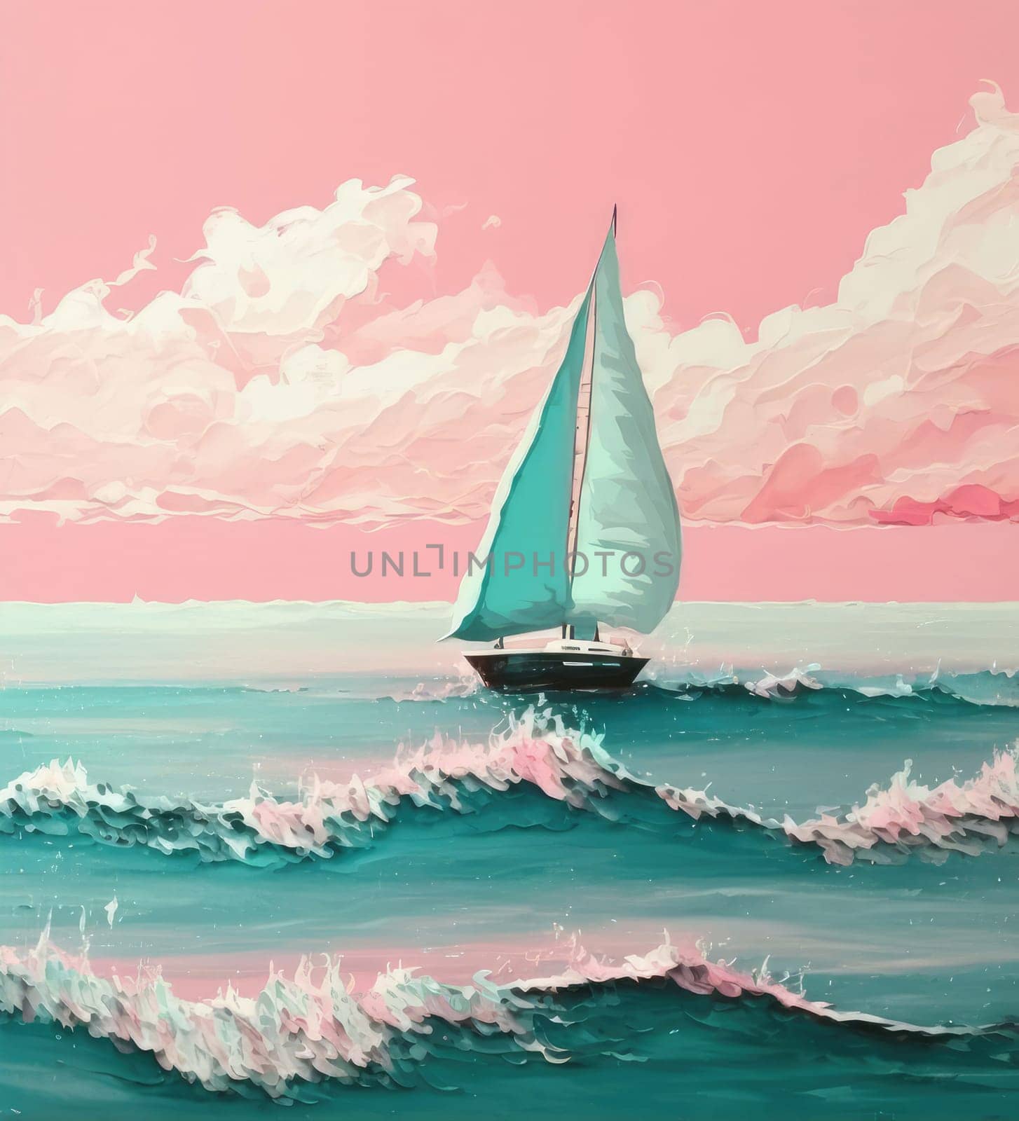 Watercolor pastel drawing of sailboat in the sea. Generative AI design