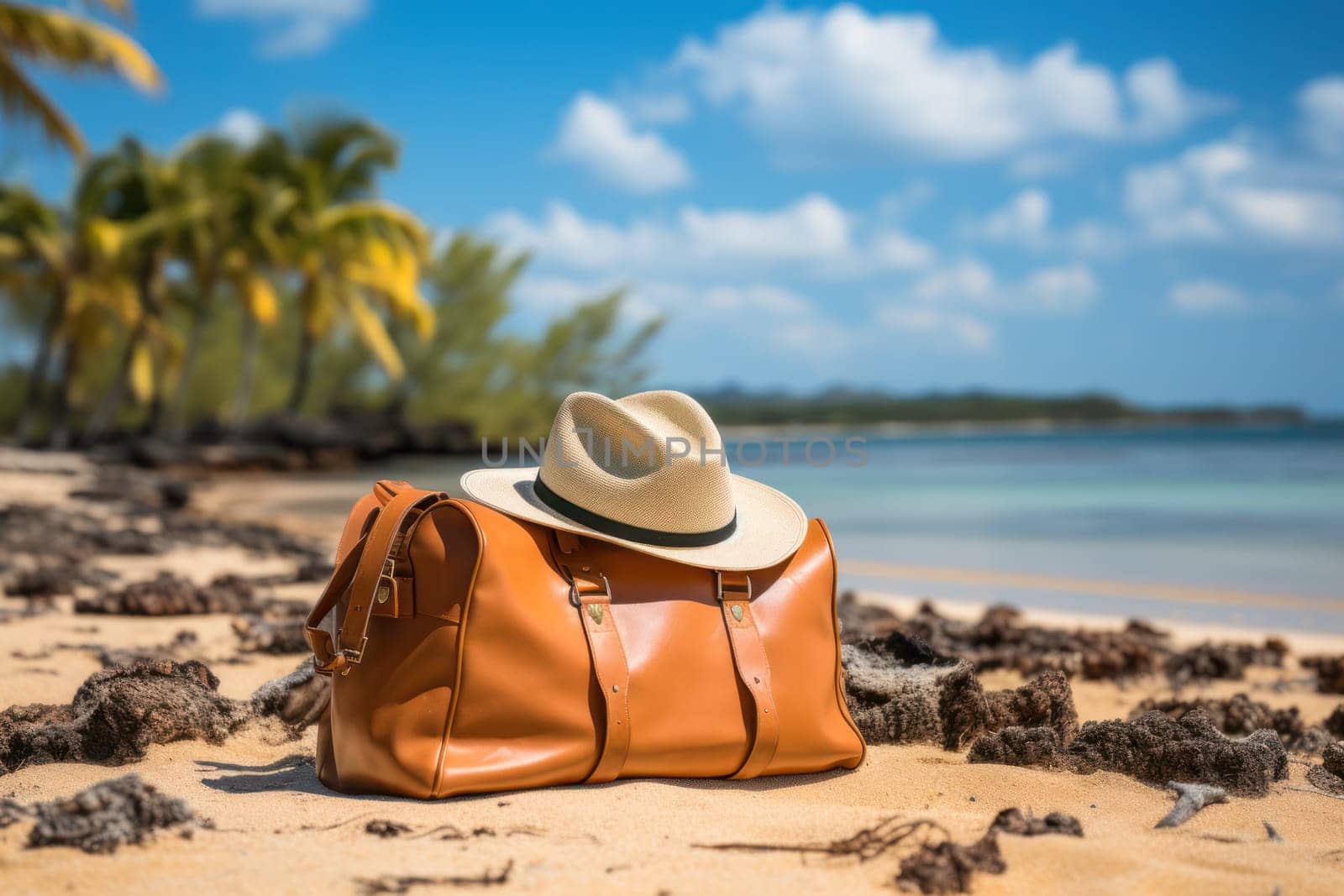 leather bag valise and hat on the seashore .