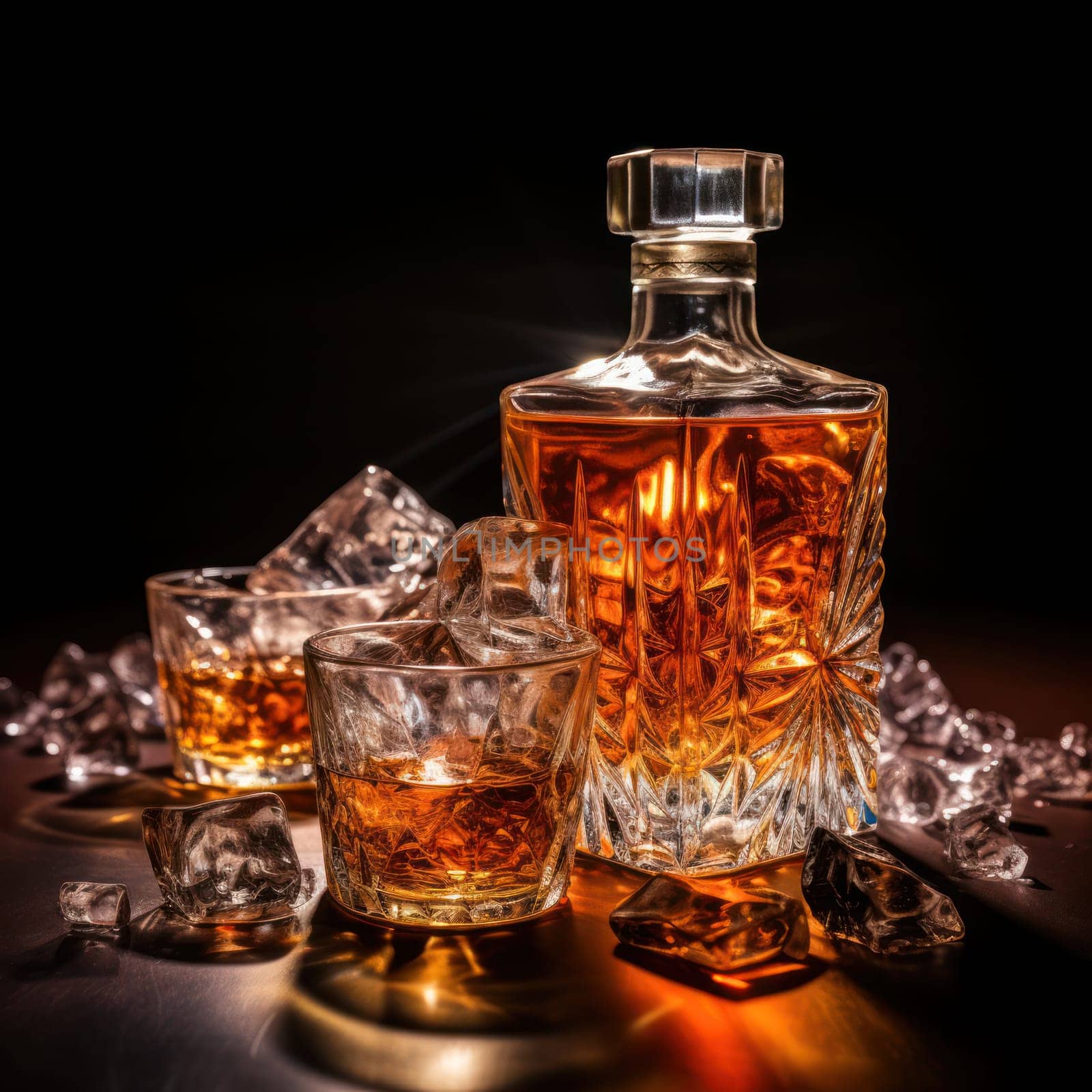 Faceted crystal glass of whiskey with ice and a crystal bottle on a black background.