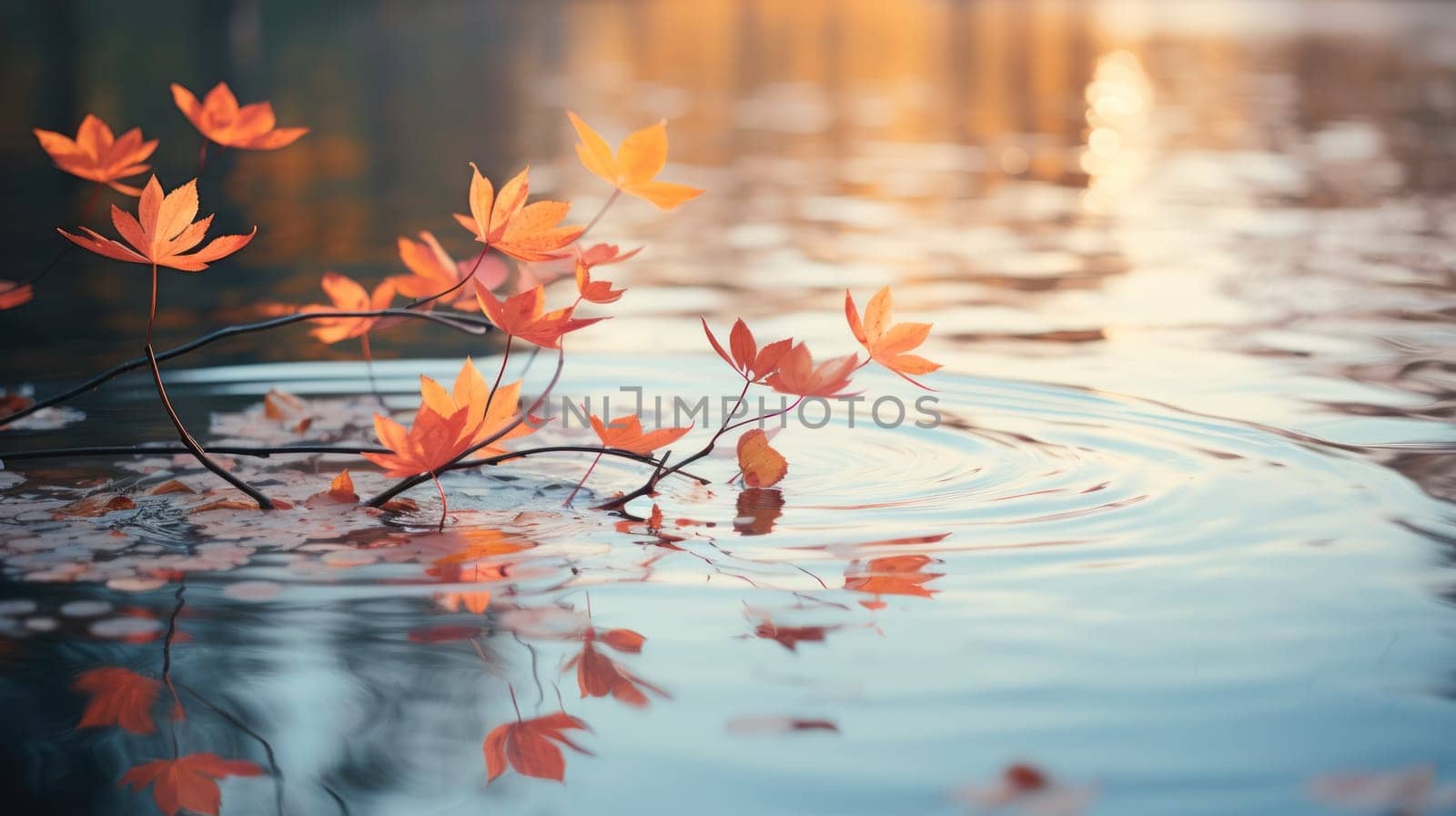 Bright colorful autumn leaves on the cold water surface of the lake on a blurred background.
