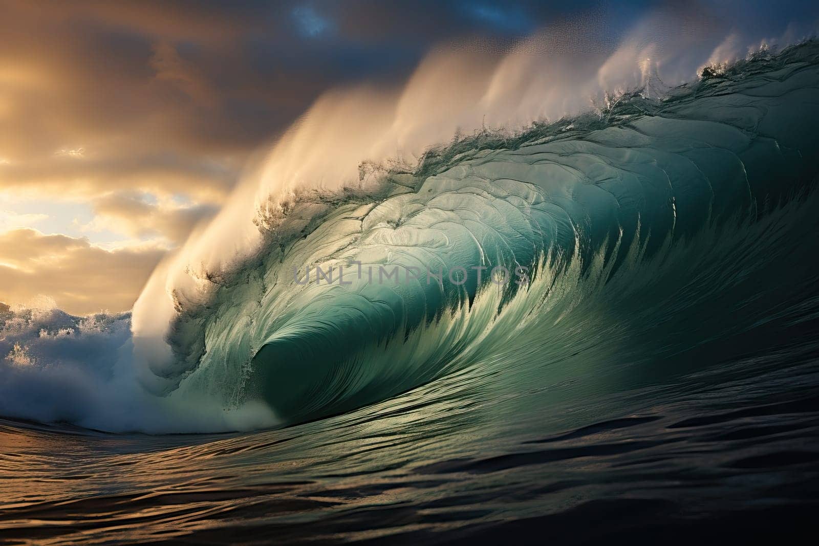 huge ocean wave in dynamic colors at sunset, showing the beauty and power of the ocean.