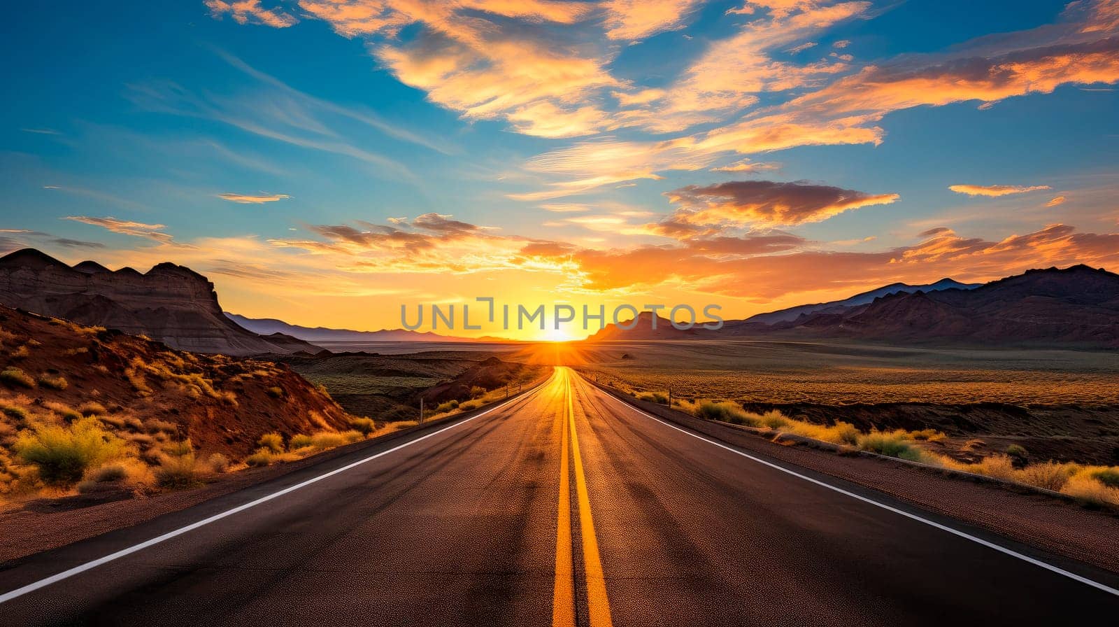An empty open road stretching into the horizon, inviting to embrace wanderlust. Travel concept.AI generated