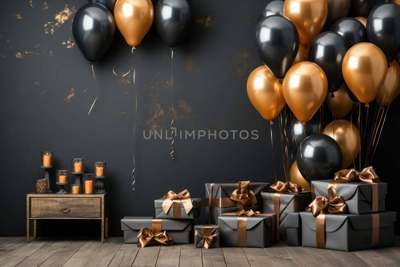 gold and black balloons with gift boxes tied with gold ribbons against a black wall. style black with gold. Happy New Year and Merry Christmas background .copy space