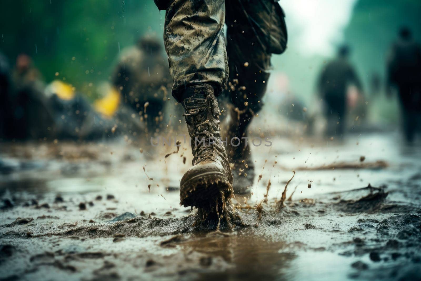 Close up legs of a soldier running on rainy muddy battlefield ground. Brown military boots on mud and puddle. AI generated