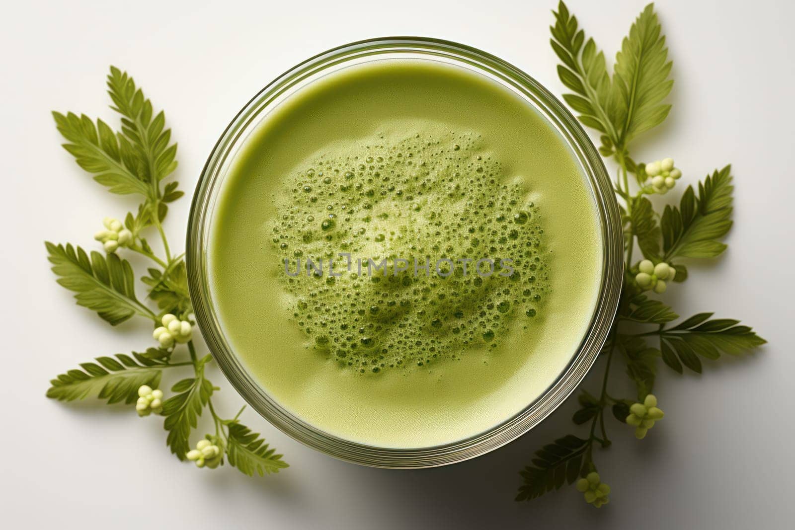 Top view of hot Japanese matcha green tea latte isolated on white background,