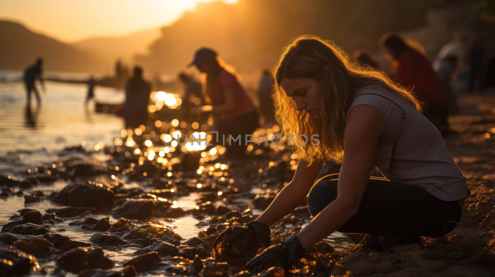 a group of people volunteers cleaning up garbage on the coast after a storm. environment, ecology and responsibility.