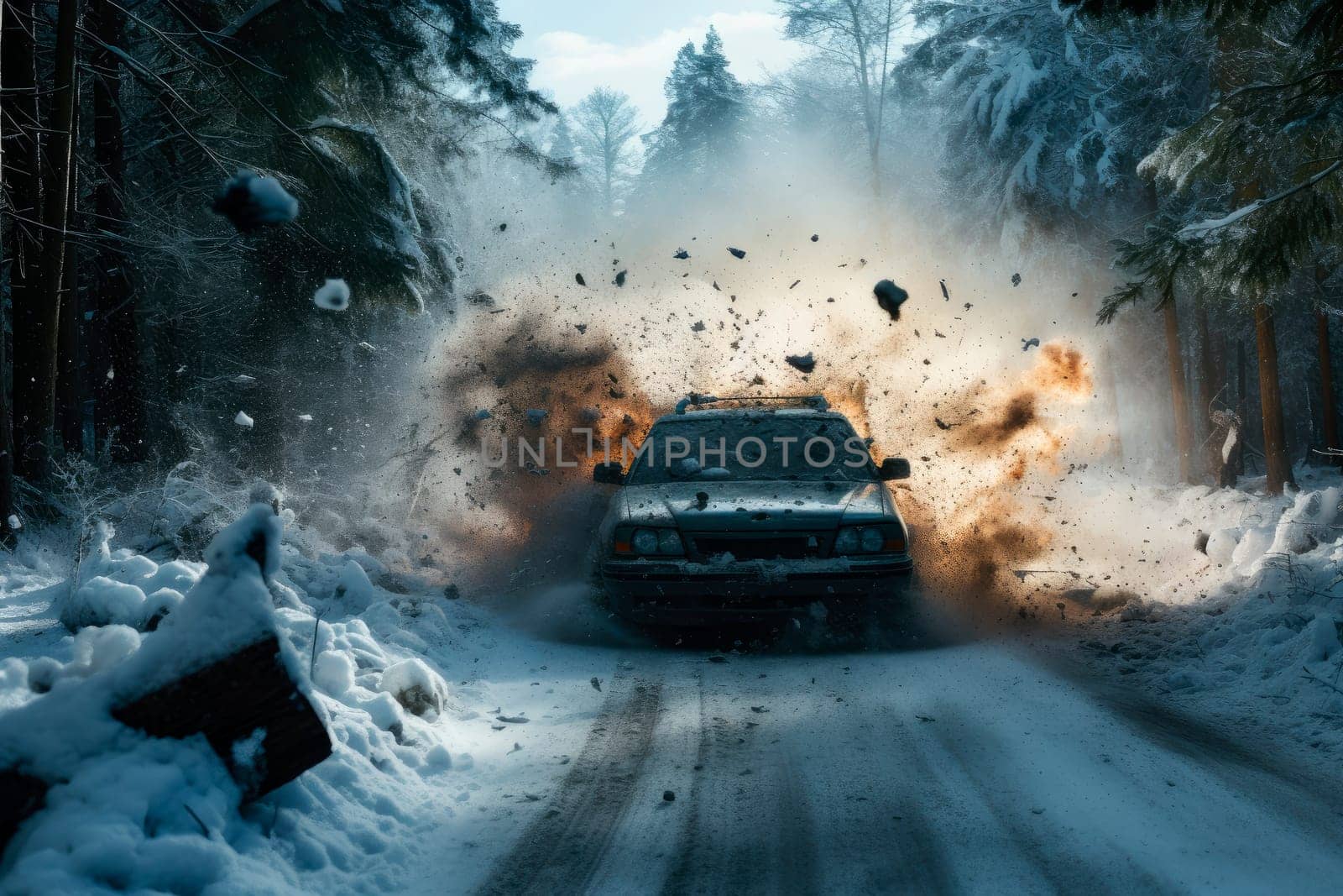Car crash on the winter forest road. Symbolises the dangerous conditions in winter with ice, snow and snatch. Dangerous Winter Driving Hazards. AI generated